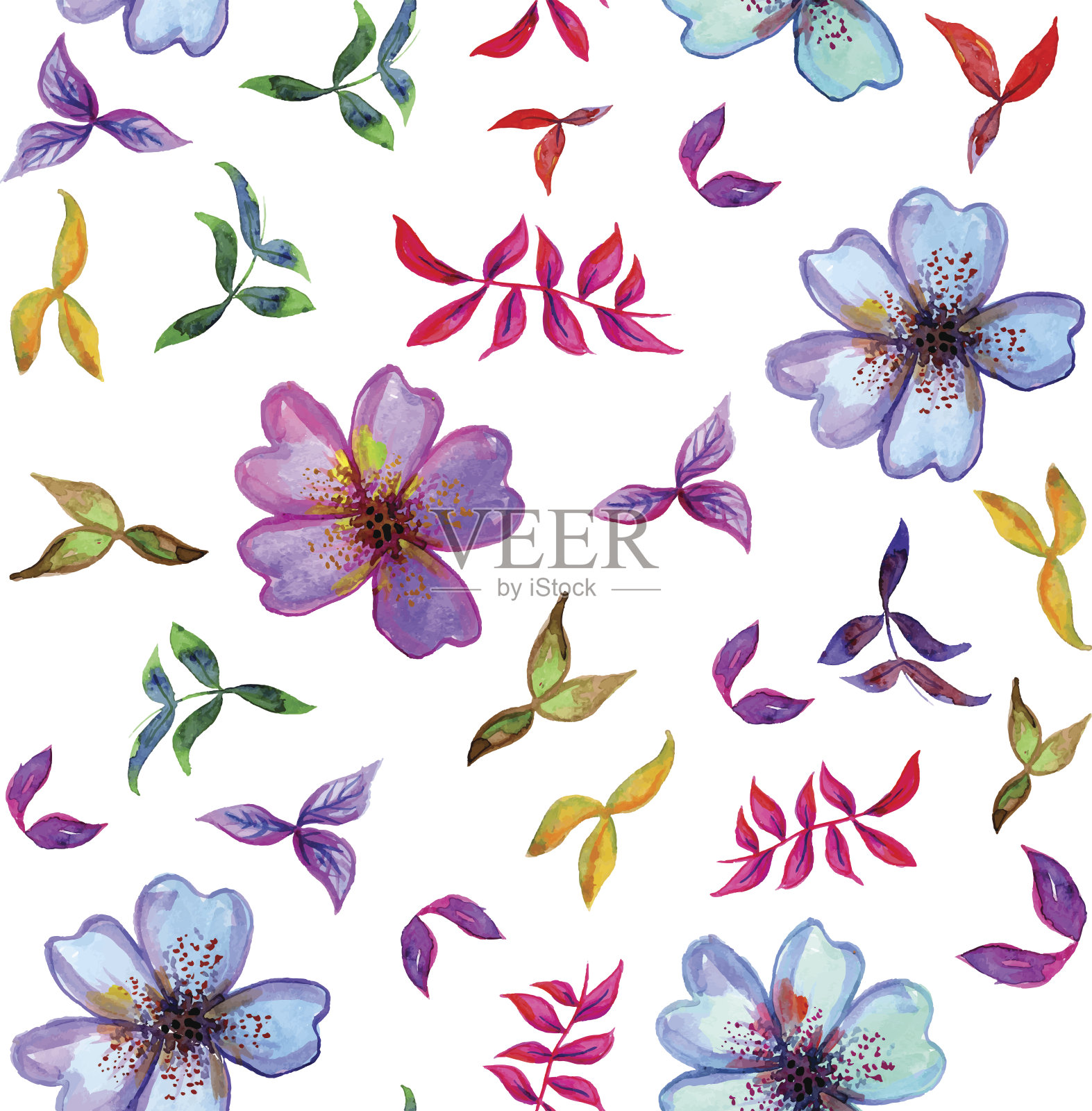 水彩无缝图案与装饰多彩的花和叶插画图片素材