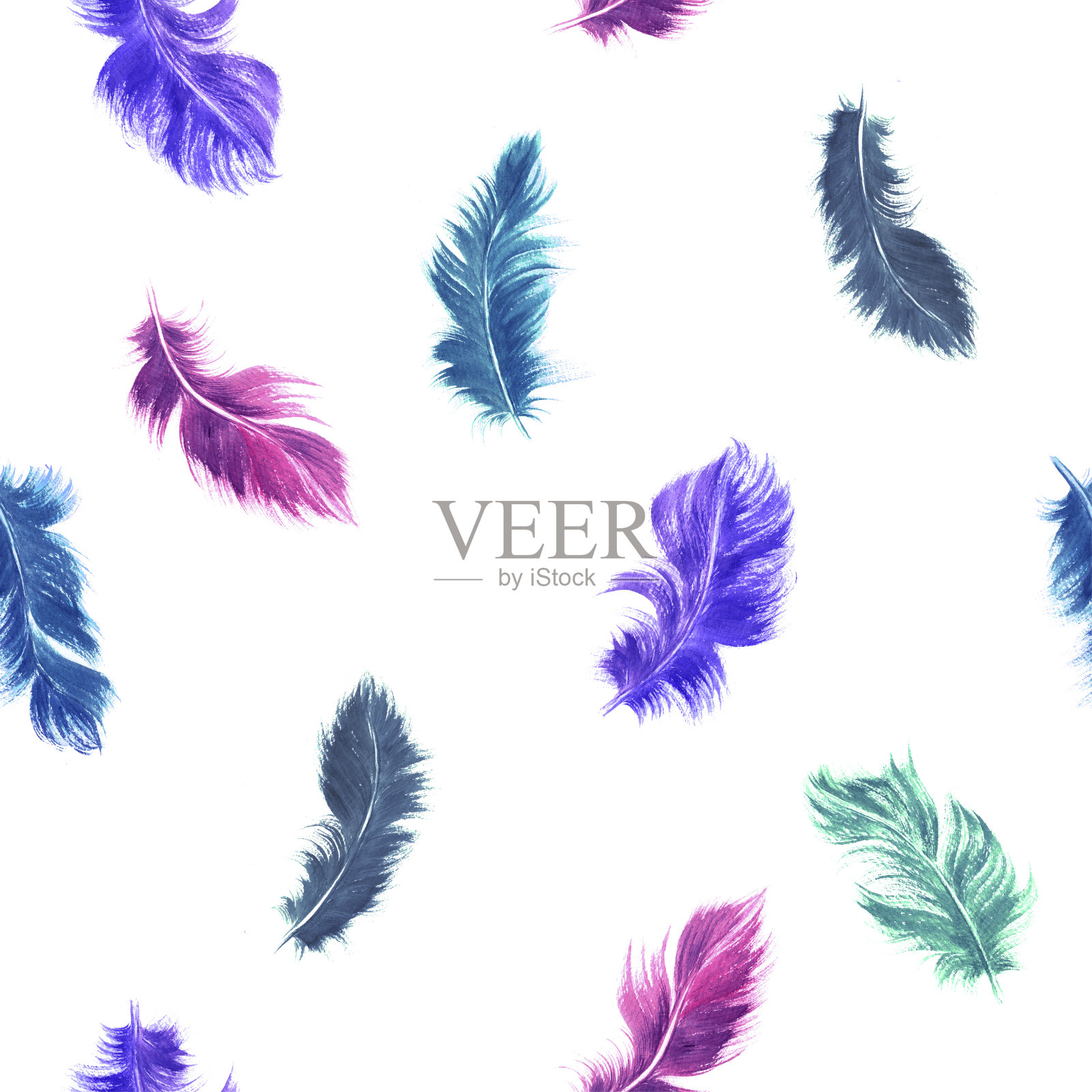 水彩羽毛无缝图案在紫色，蓝色和绿松石颜色设计元素图片