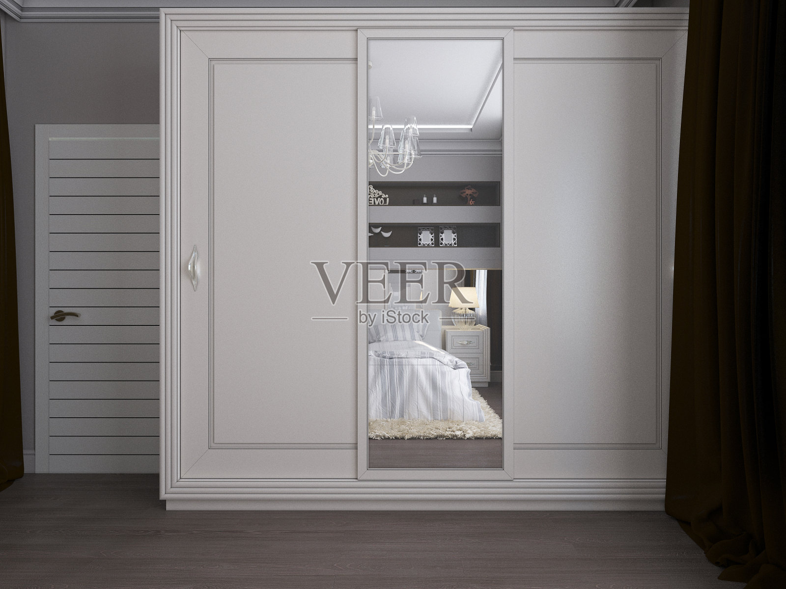 古典风格的白色卧室的3D渲染照片摄影图片