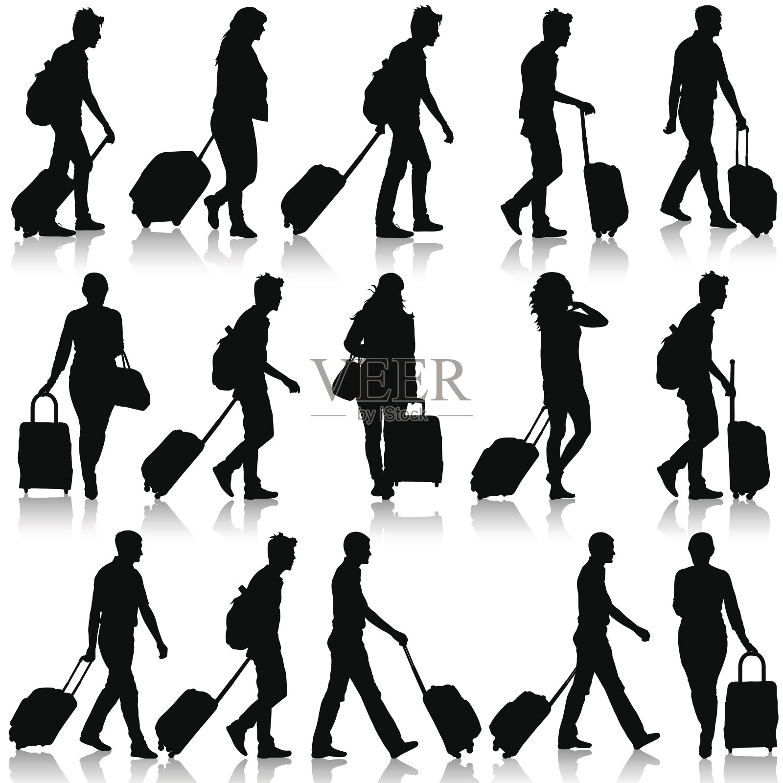 一组带着行李箱的黑色剪影旅行者插画图片素材