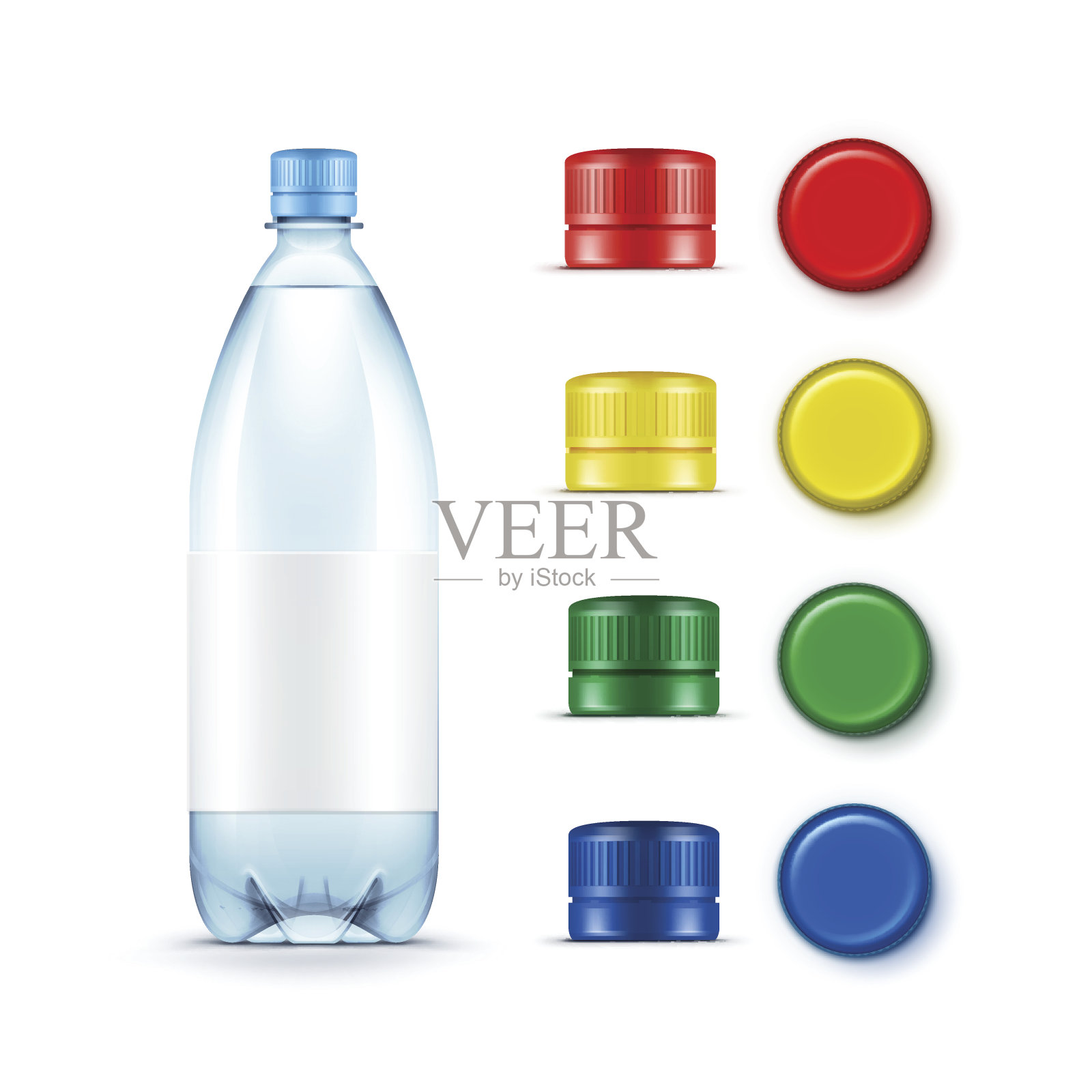 空白塑料蓝色水瓶彩色红黄绿瓶盖插画图片素材