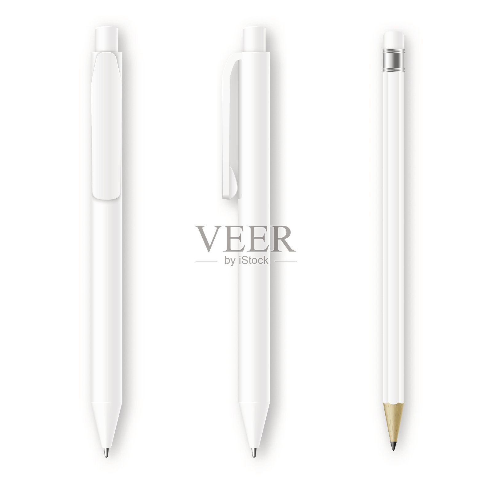 白色钢笔和铅笔矢量模型。企业形象及品牌文具插画图片素材