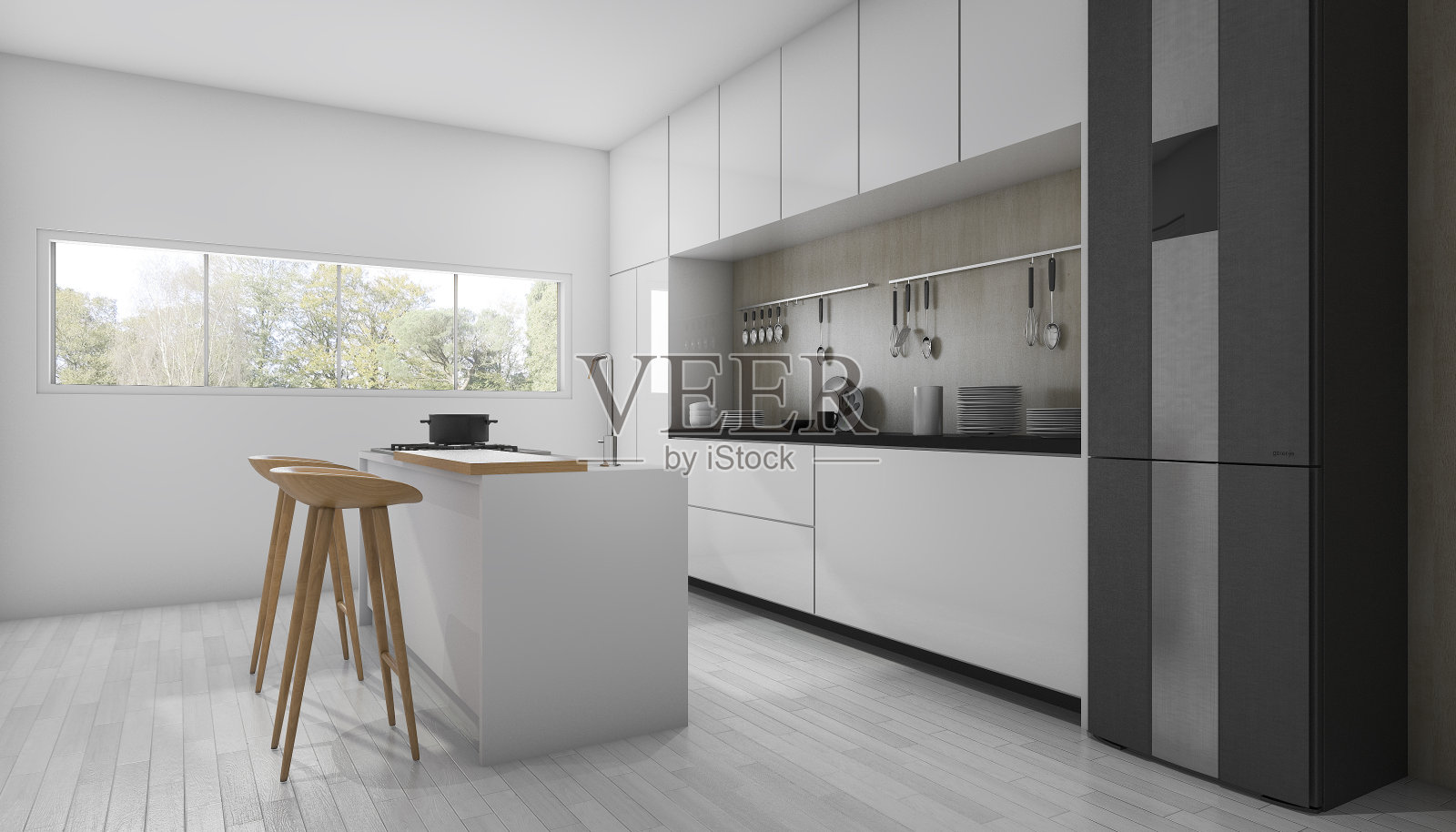 3d渲染白色最小和现代厨房照片摄影图片