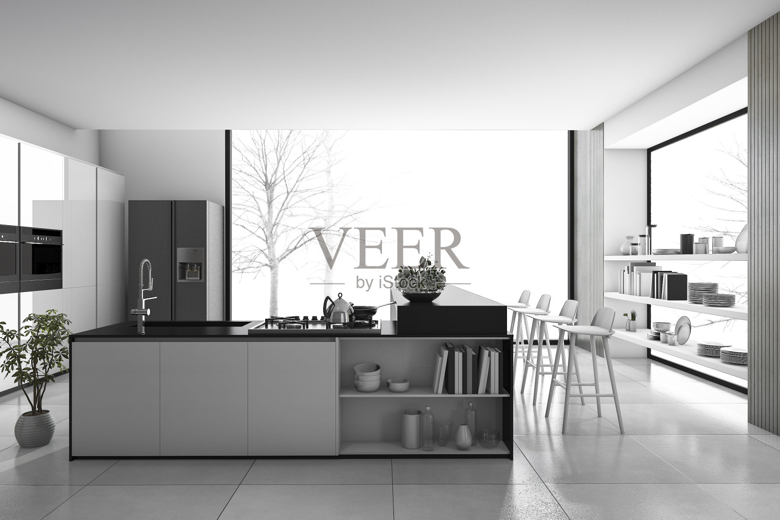 3d渲染黑白现代厨房和餐厅照片摄影图片