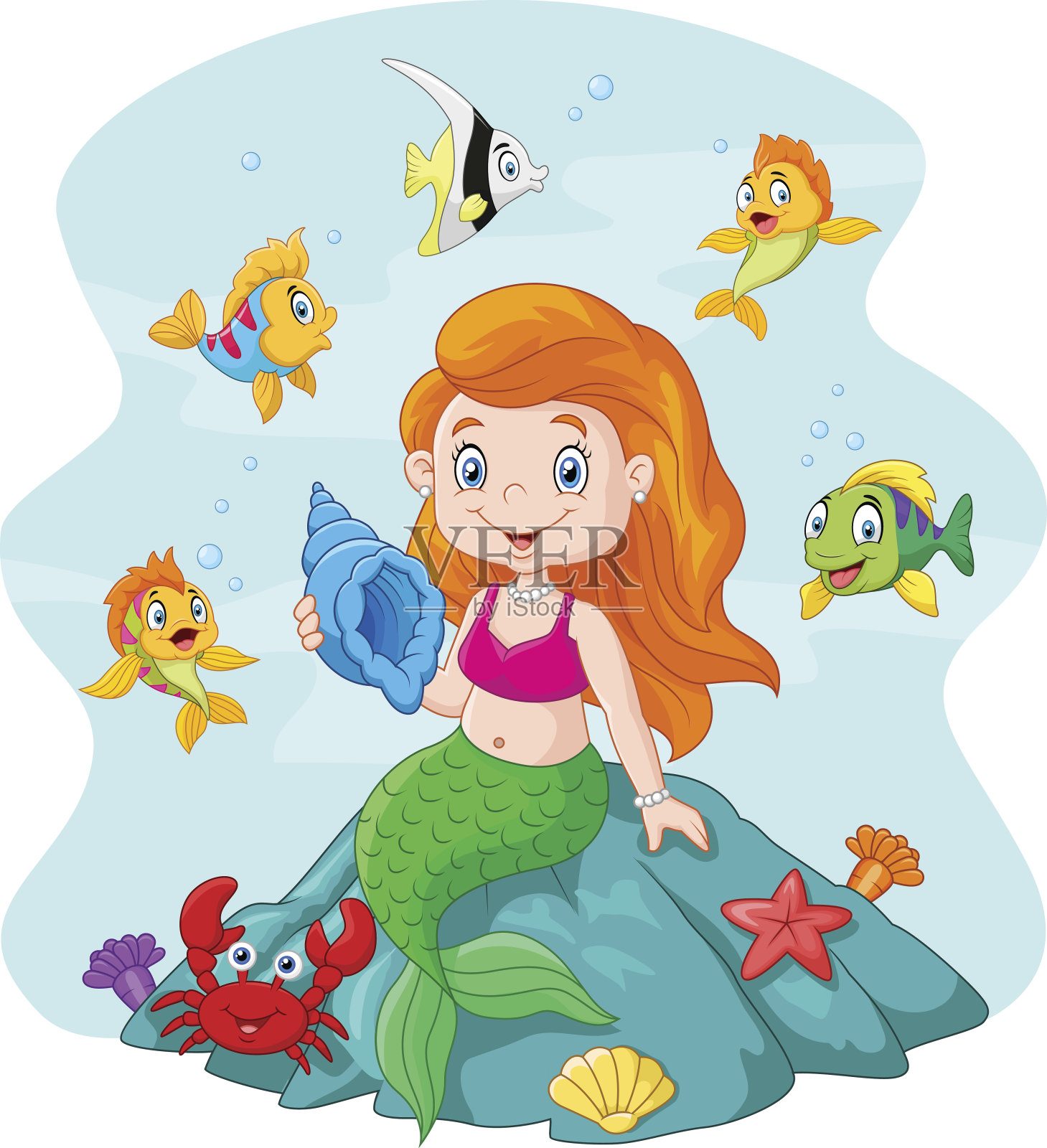 快乐的小美人鱼拿着贝壳，岩石周围的鱼插画图片素材