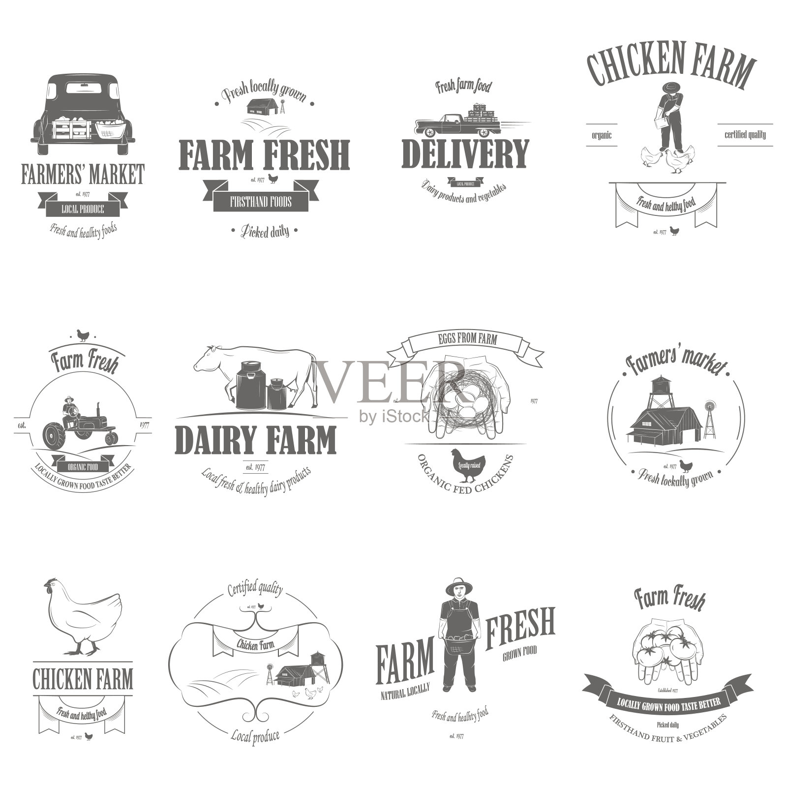 农场生鲜产品徽章套装。插画图片素材