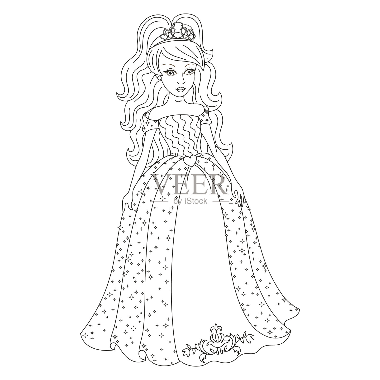 温柔的公主在闪亮的裙子与亮片，着色书插画图片素材
