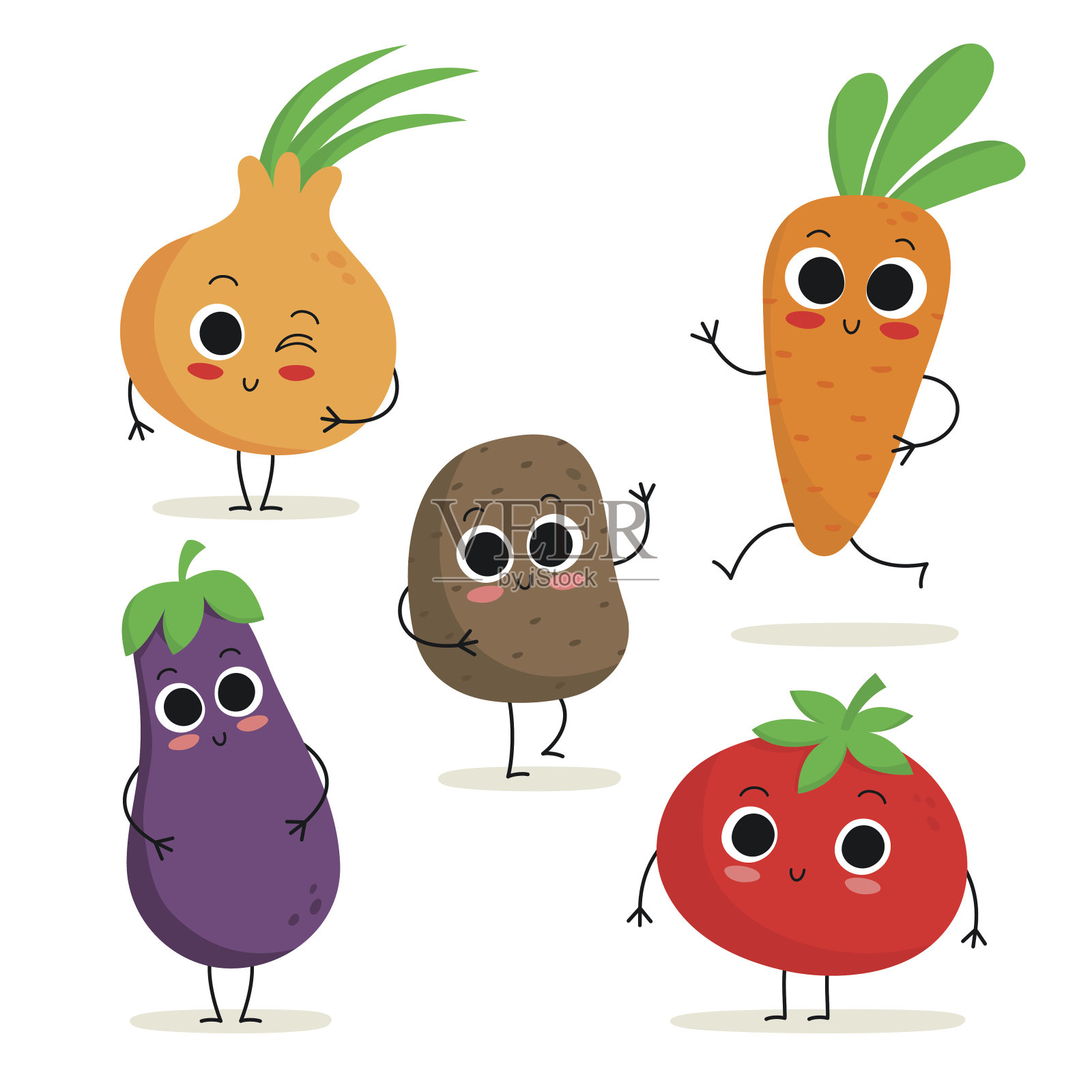 一套5个可爱的卡通蔬菜人物孤立在白色插画图片素材