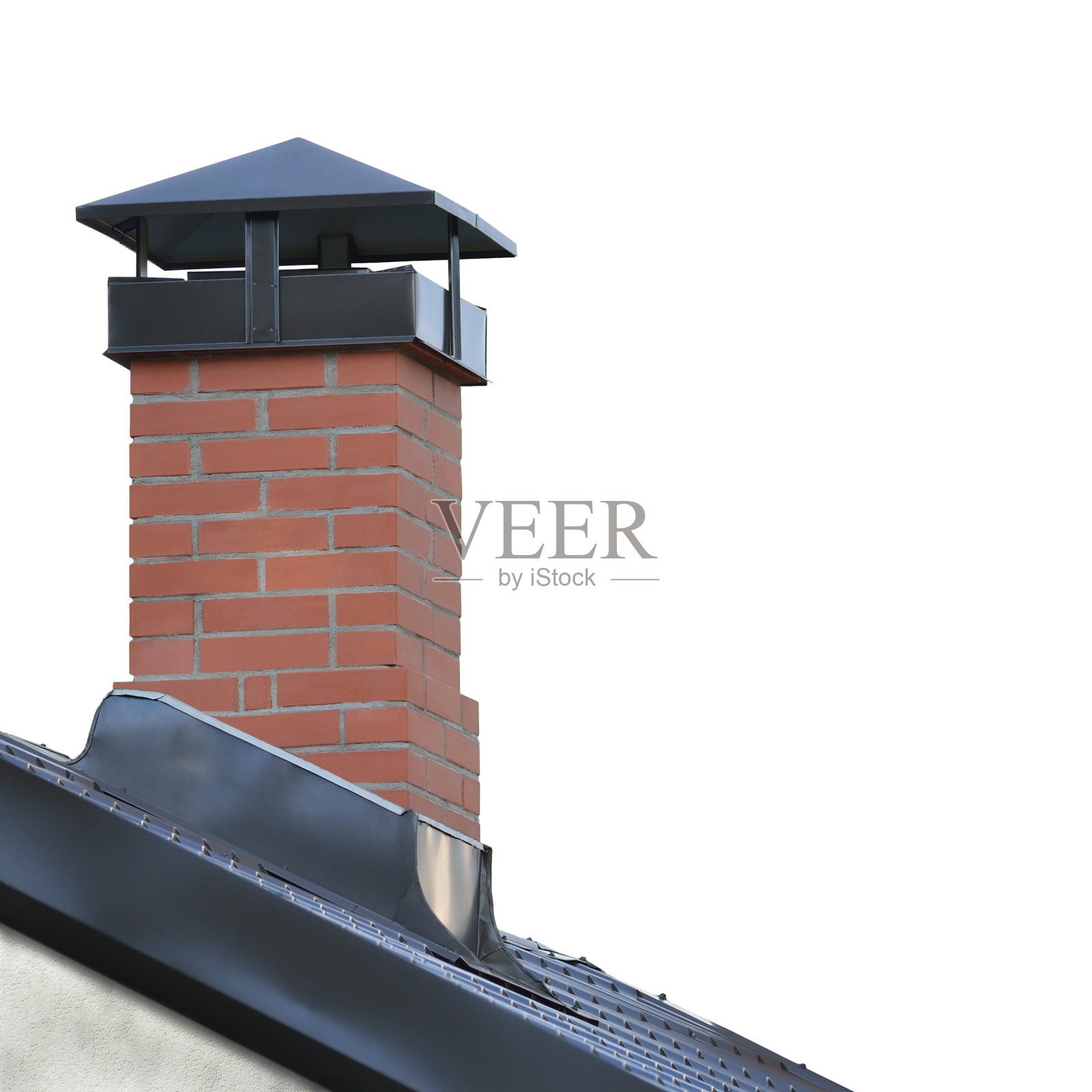 红砖烟囱，灰色钢瓦屋顶纹理，隔离屋面照片摄影图片