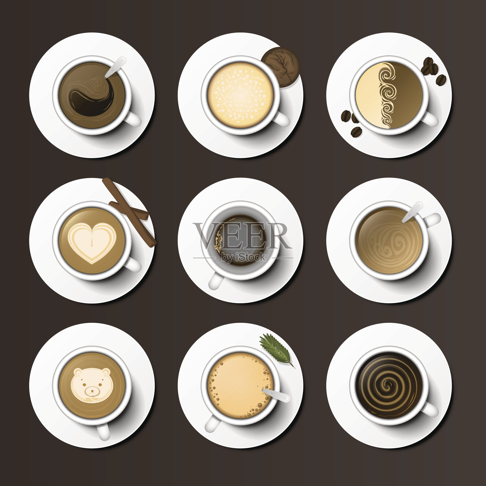咖啡杯分类俯视图集合矢量插图插画图片素材