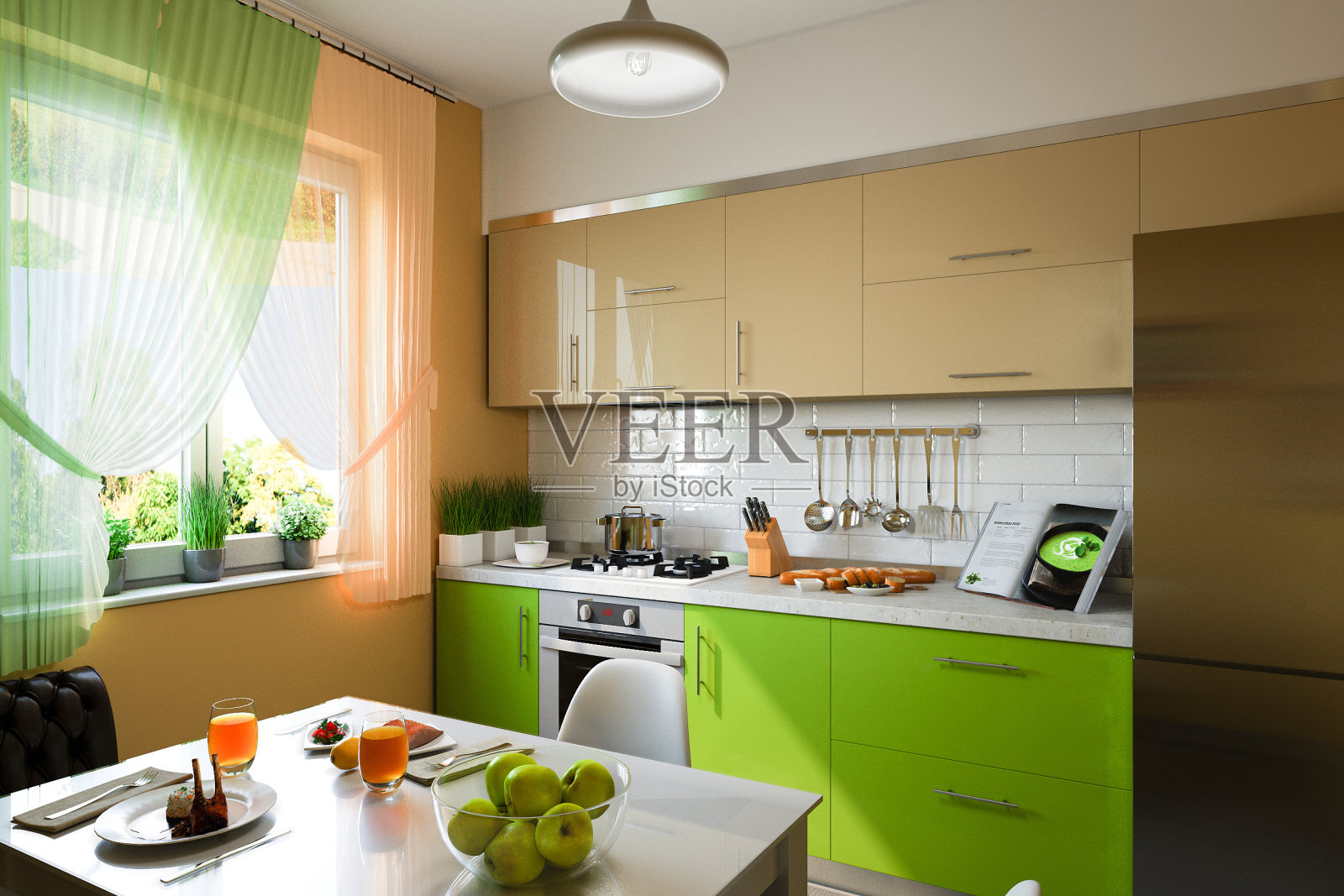 厨房的3D插图与米色和绿色立面照片摄影图片