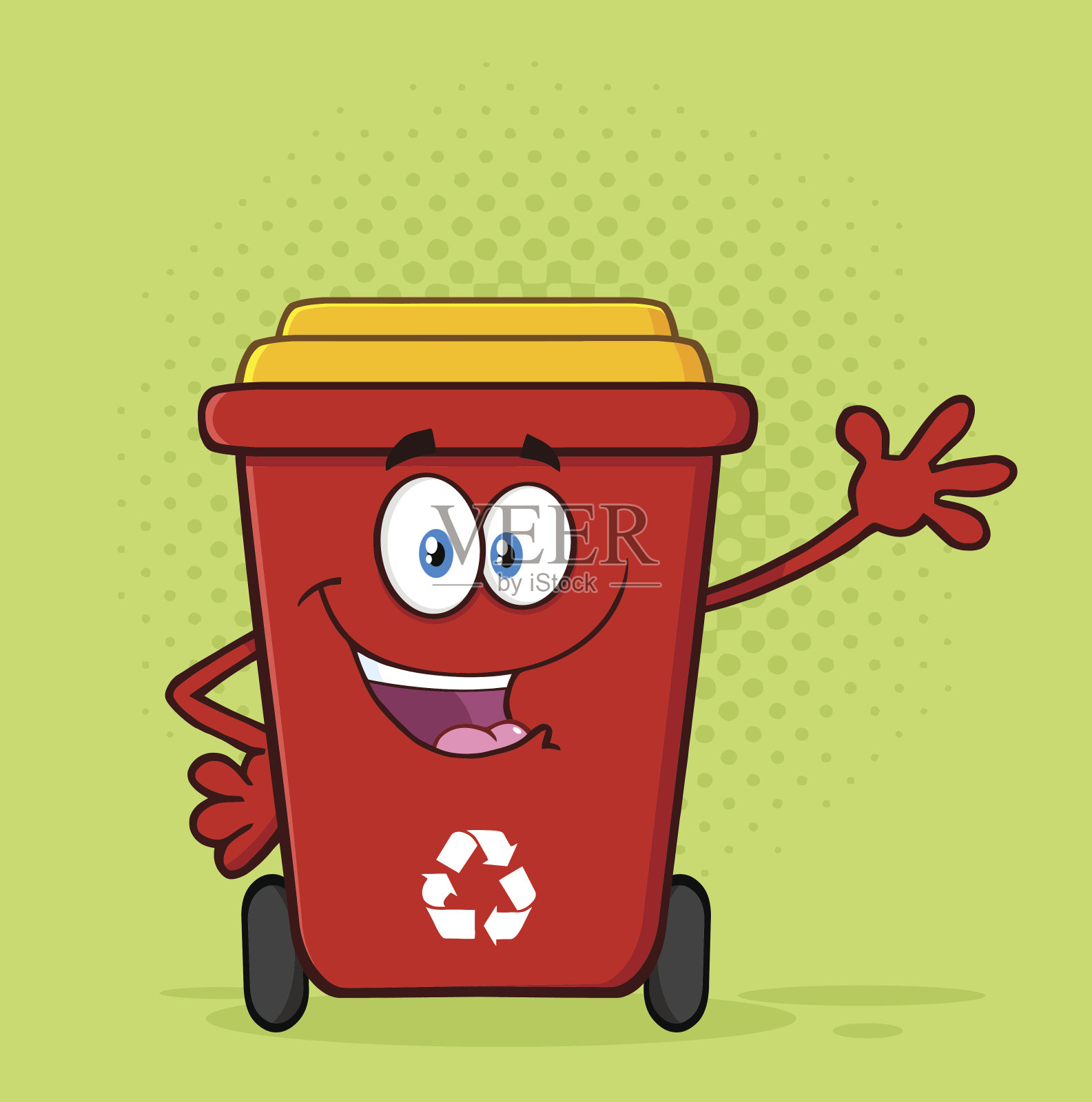快乐的红色回收站卡通吉祥物人物挥手打招呼设计元素图片