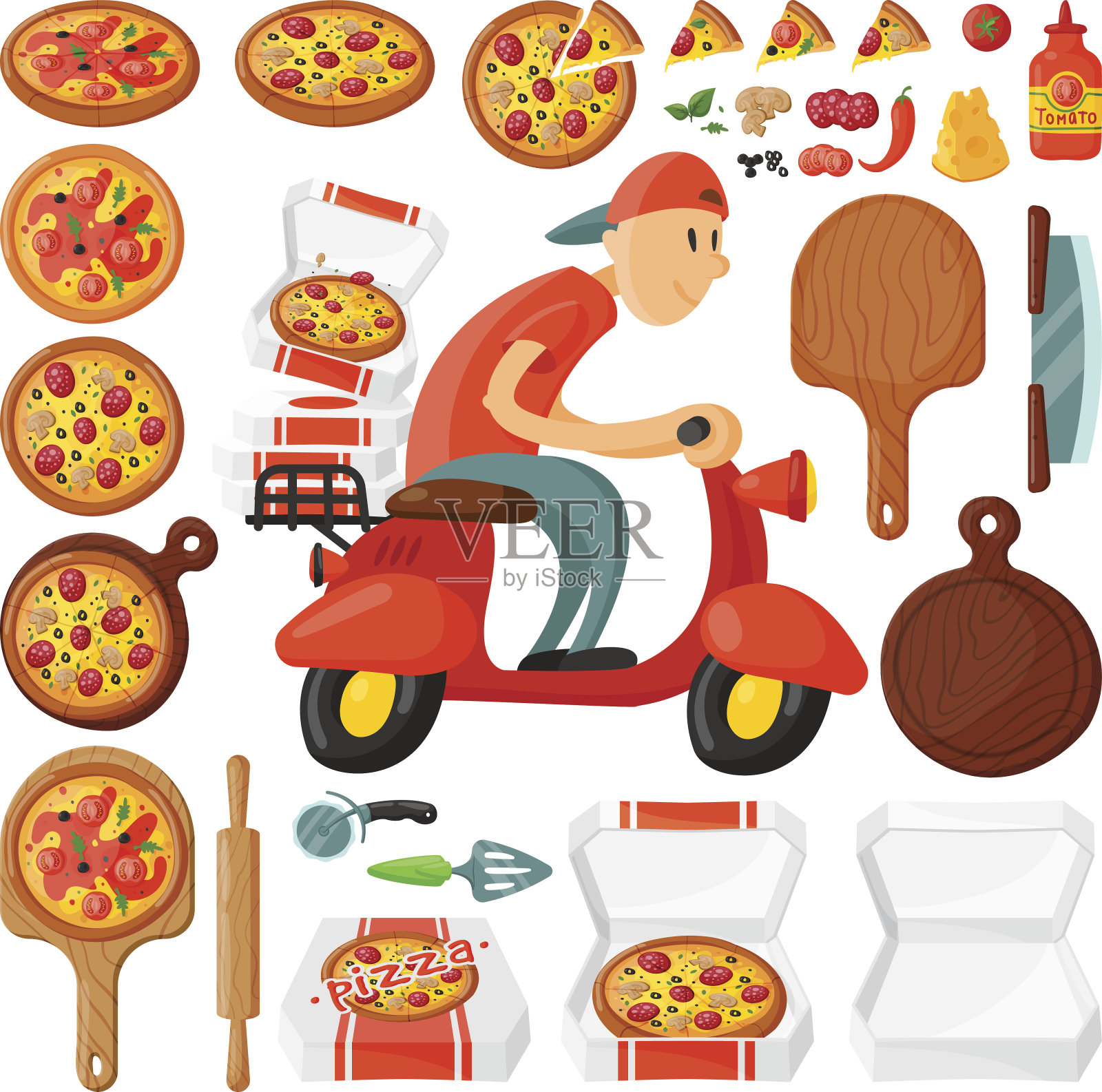 意大利厨师披萨外卖男孩披萨店卡通信使摩托车送晚餐图标食品盒快速派对餐摩托车运输矢量插图插画图片素材