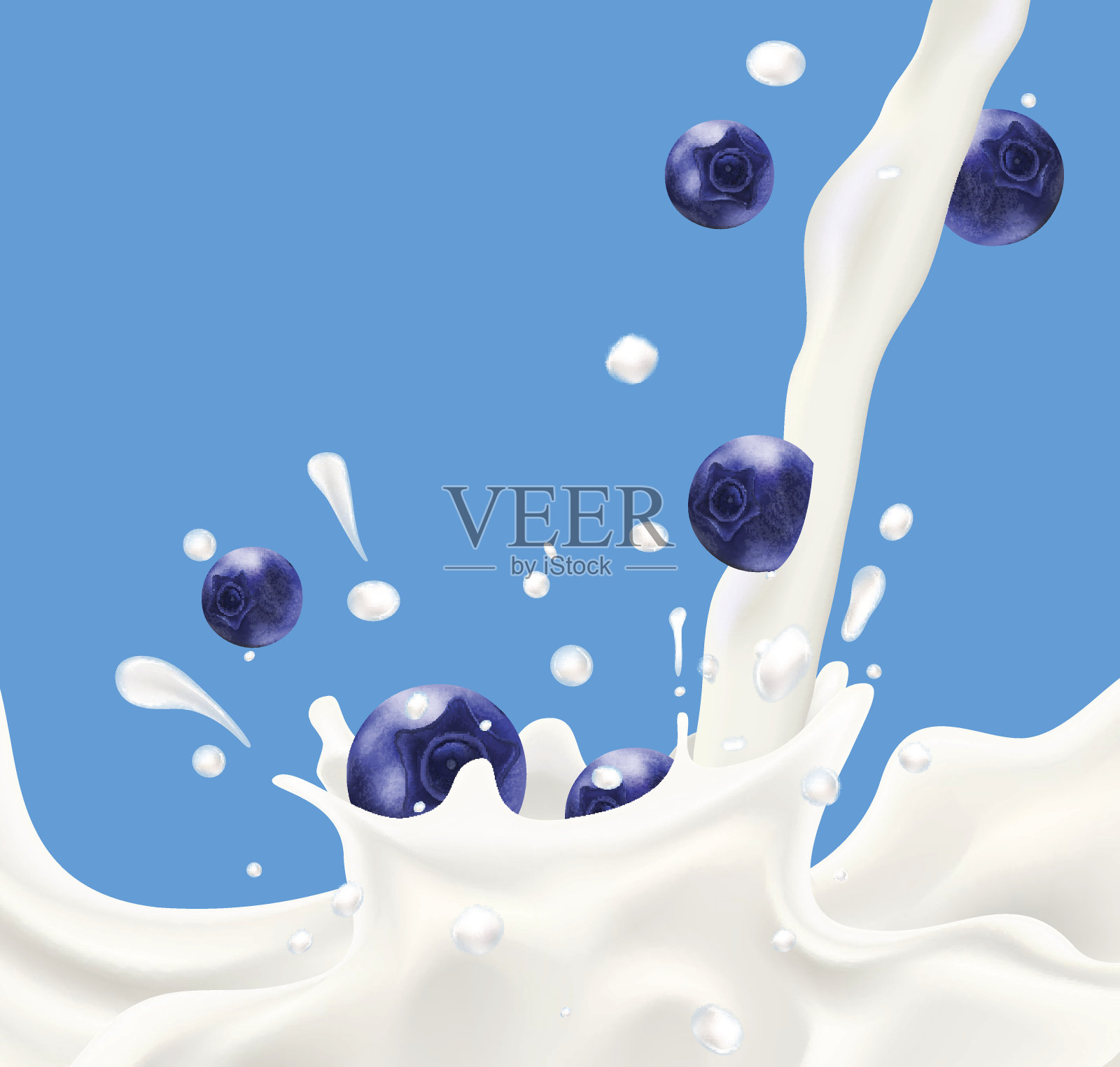 在蓝莓飘落的蓝色背景上溅起牛奶插画图片素材