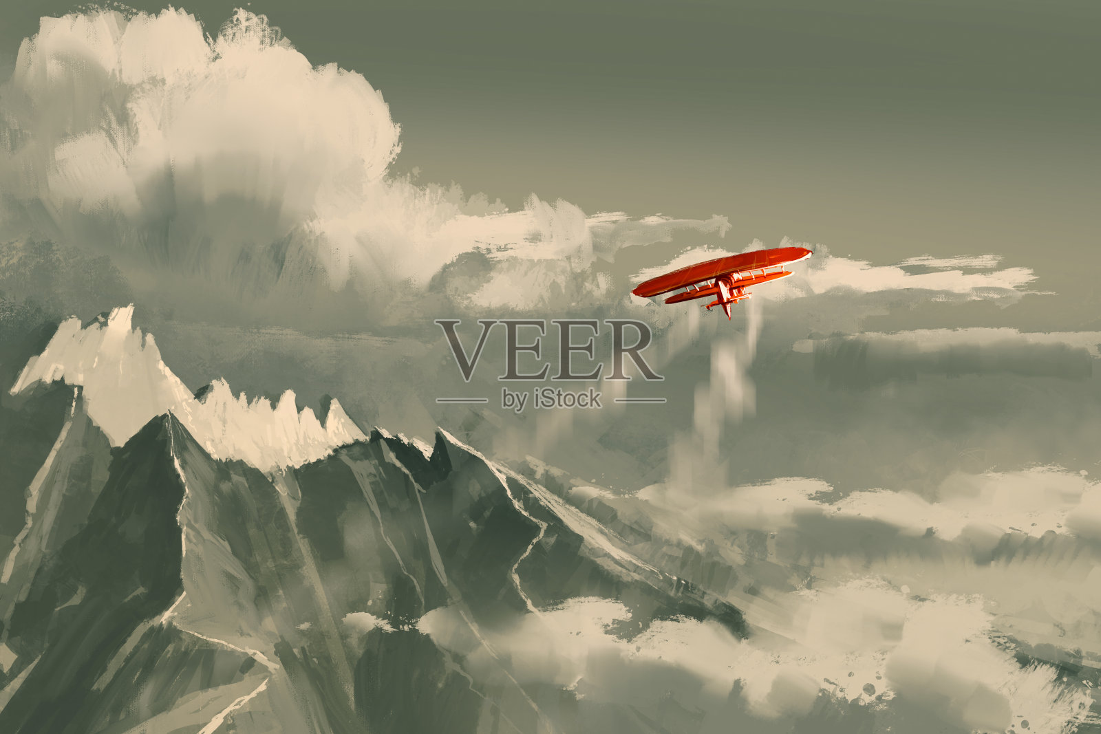 红色双翼飞机飞越高山，插图插画图片素材