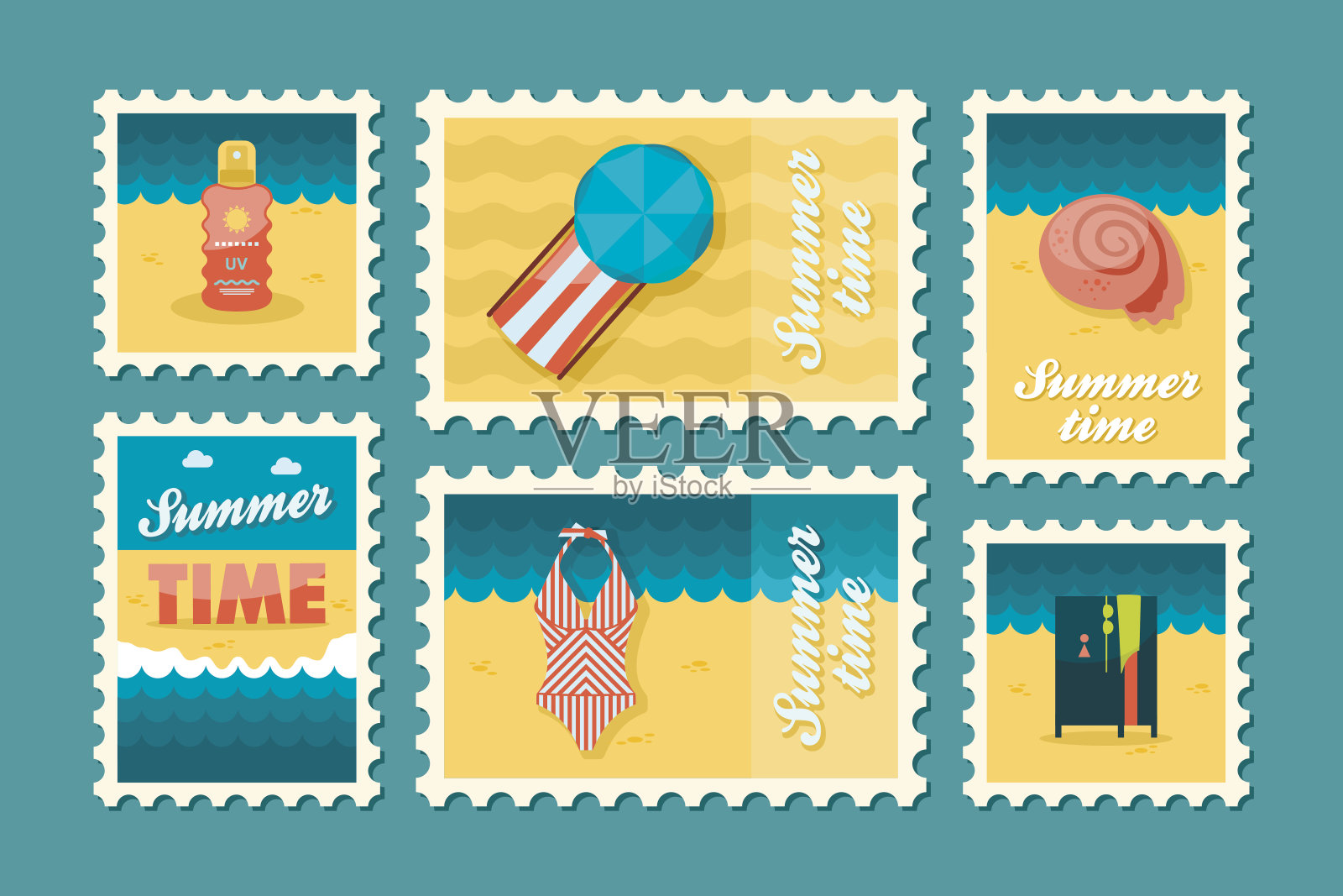 海滩邮票集。夏天。假期插画图片素材