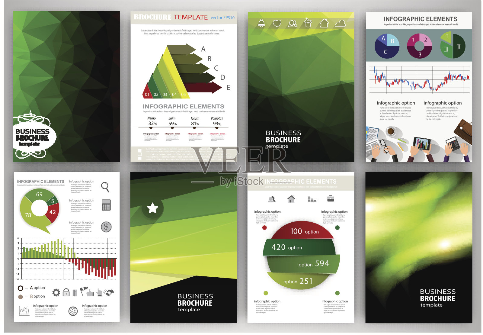 绿色背景，抽象概念信息图和图标插画图片素材
