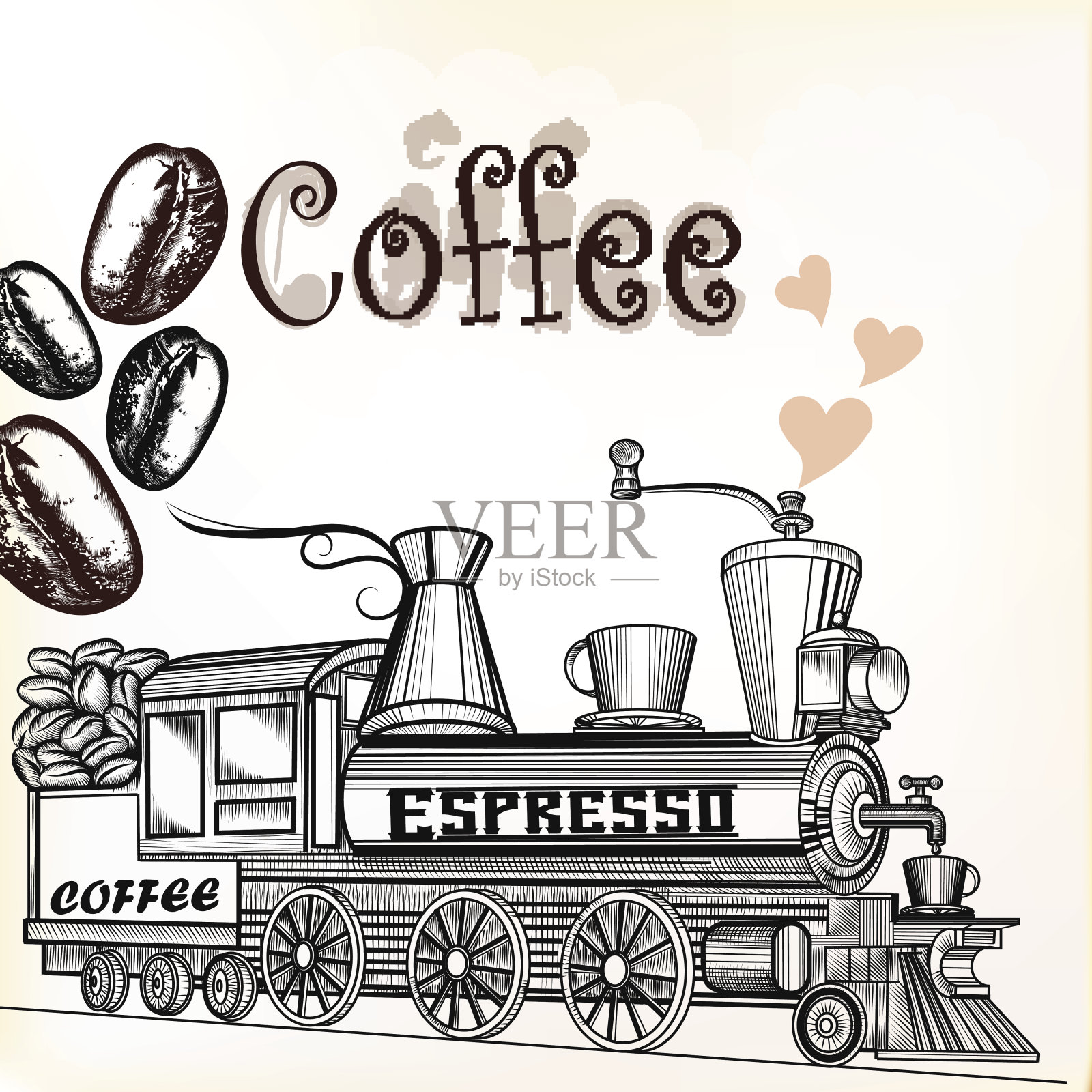 咖啡vintage背景与咖啡颗粒和咖啡磨loo插画图片素材