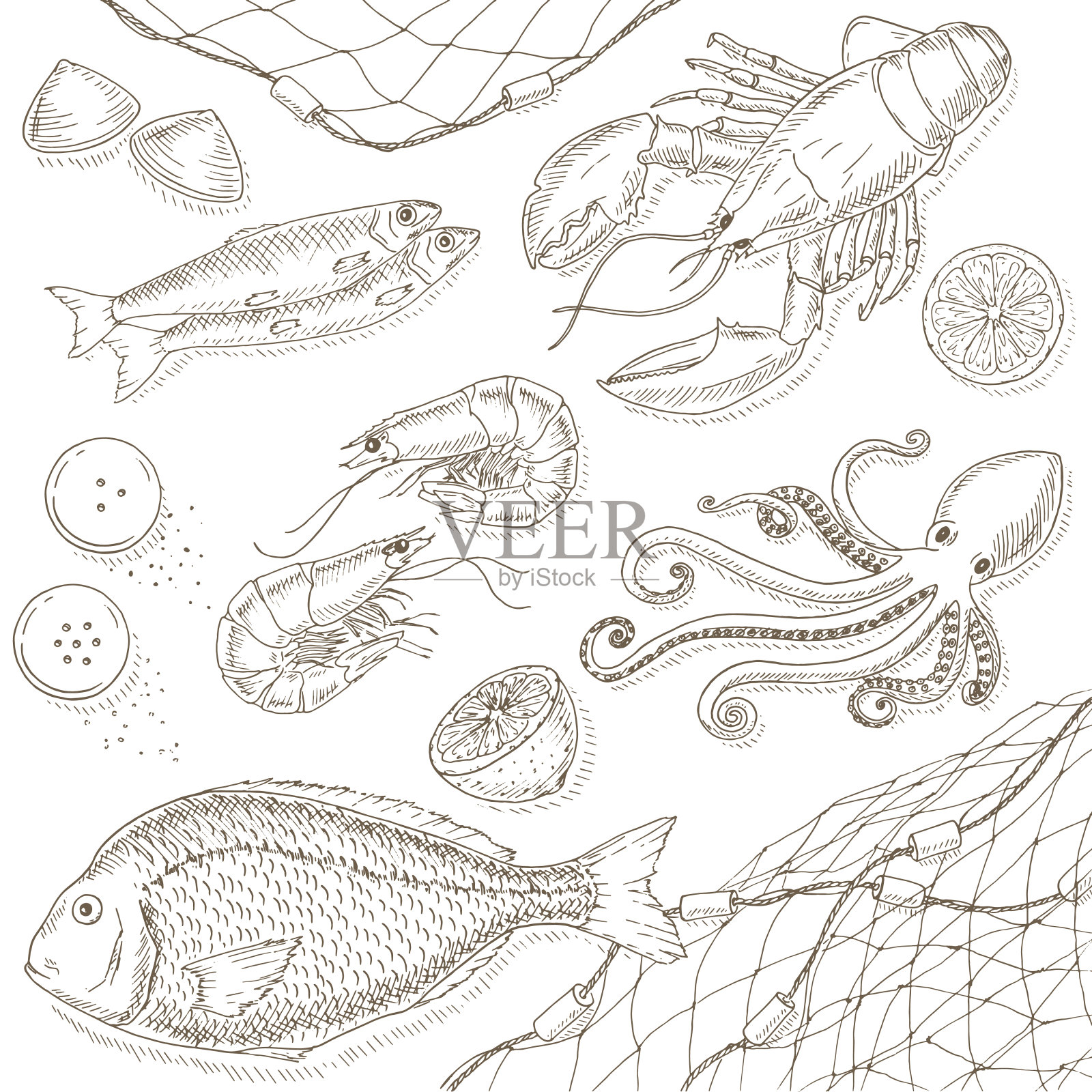 海鲜及鱼类套装插画图片素材