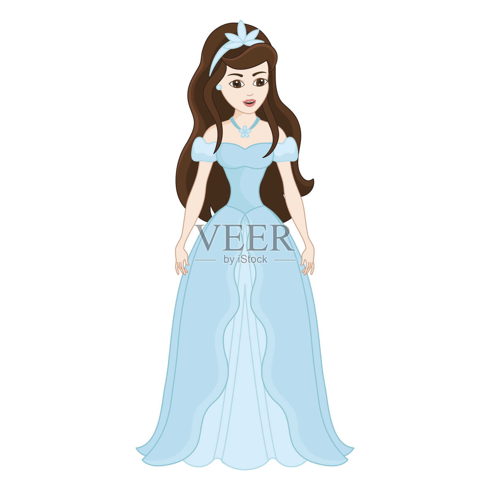 插图美丽的深褐色公主从蓝色雪纺连衣裙插画图片素材