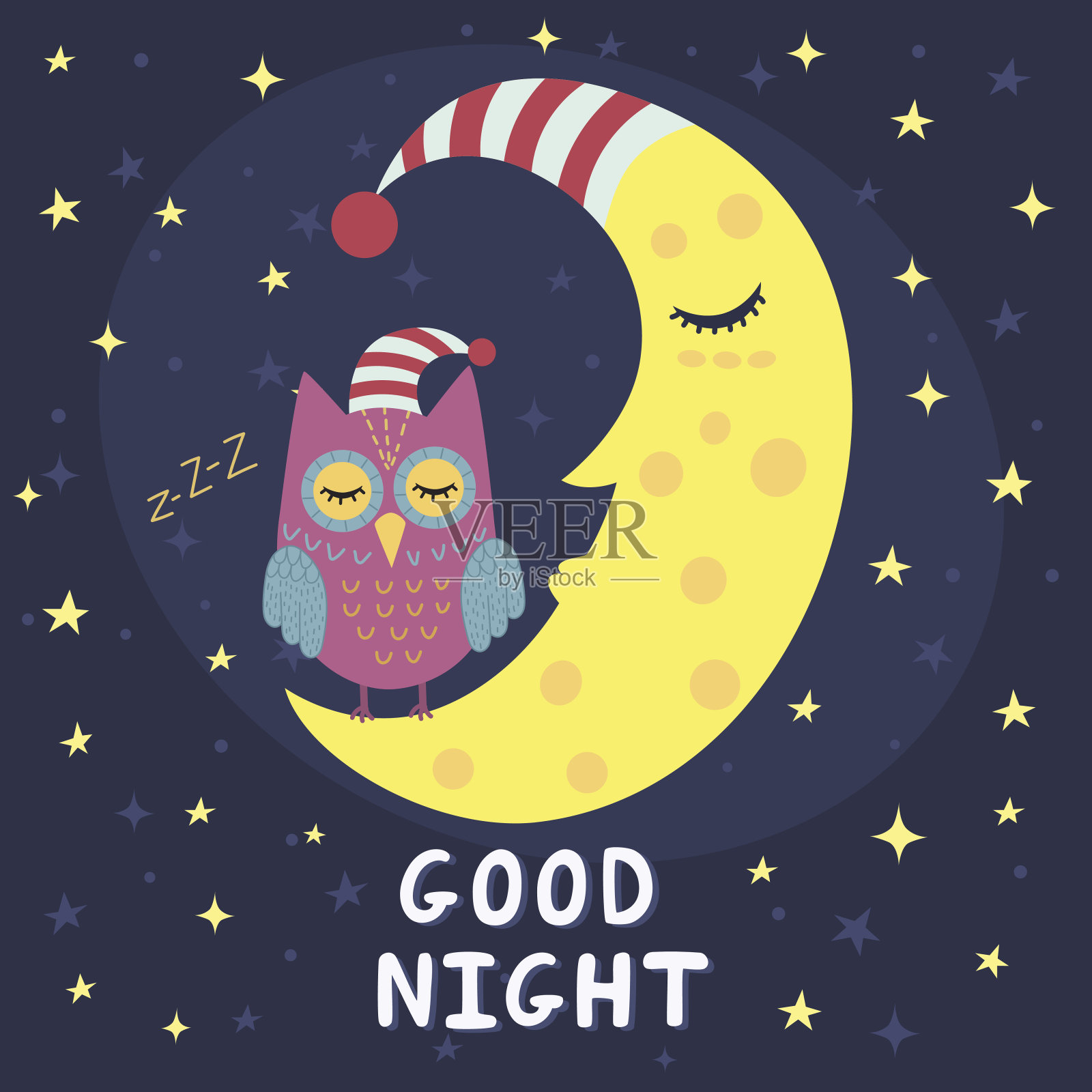 带着熟睡的月亮和可爱的猫头鹰的晚安卡片设计元素图片