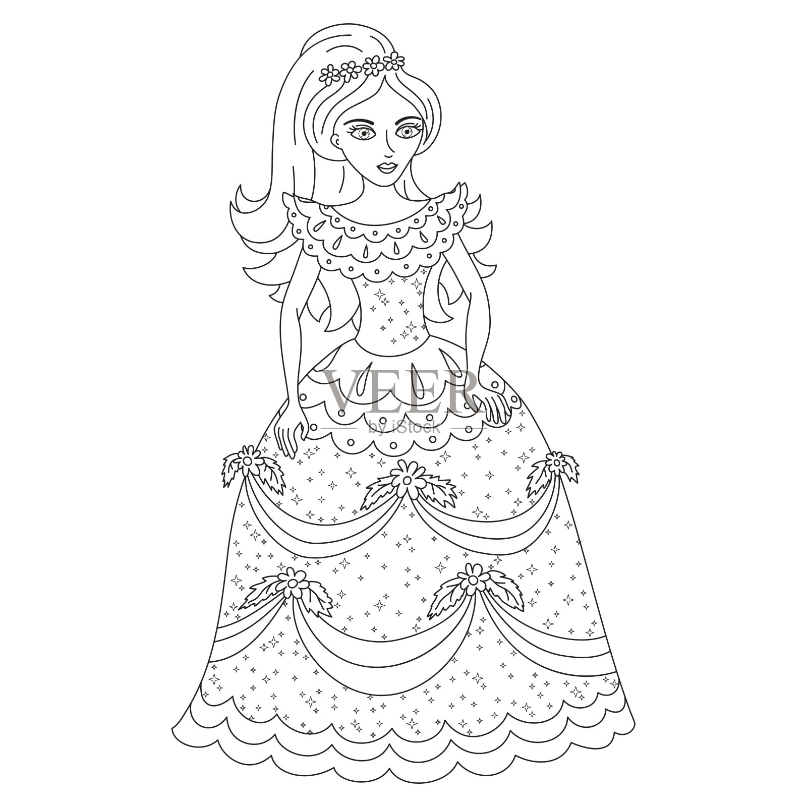 美丽的公主在闪亮的裙子与亮片，着色的书页插画图片素材