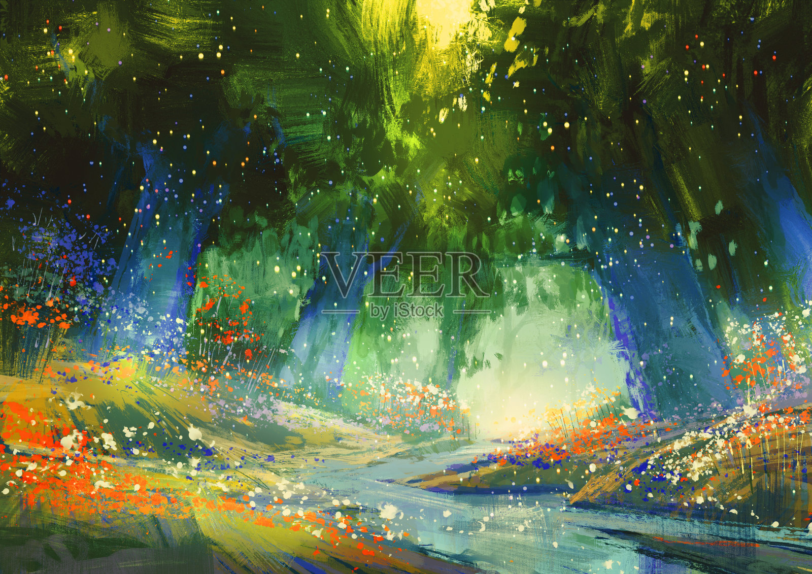 神秘的蓝绿森林，梦幻的氛围插画图片素材