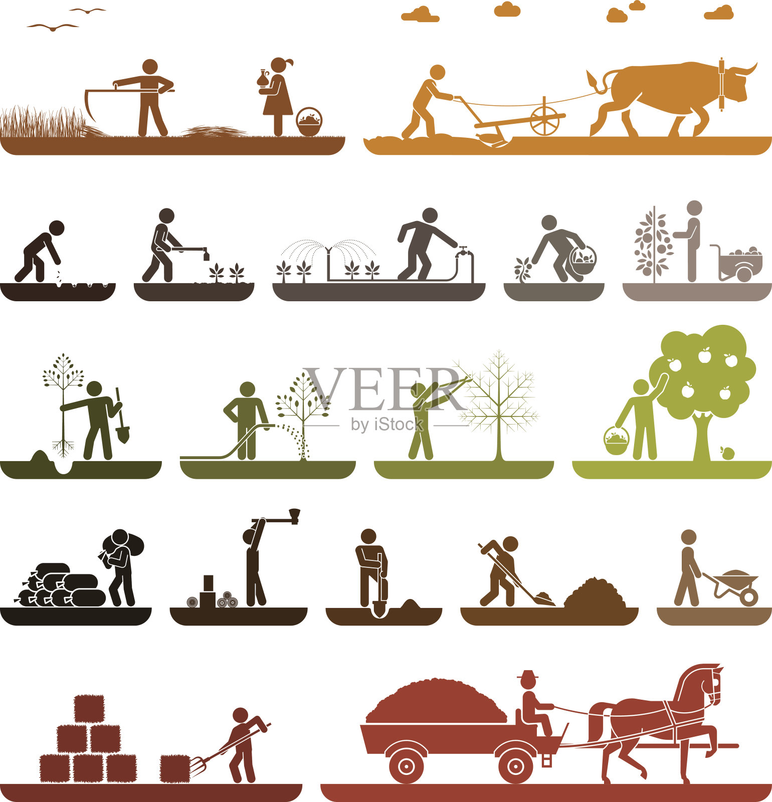 描绘农场上的农业工作和生活的象形图标。插画图片素材