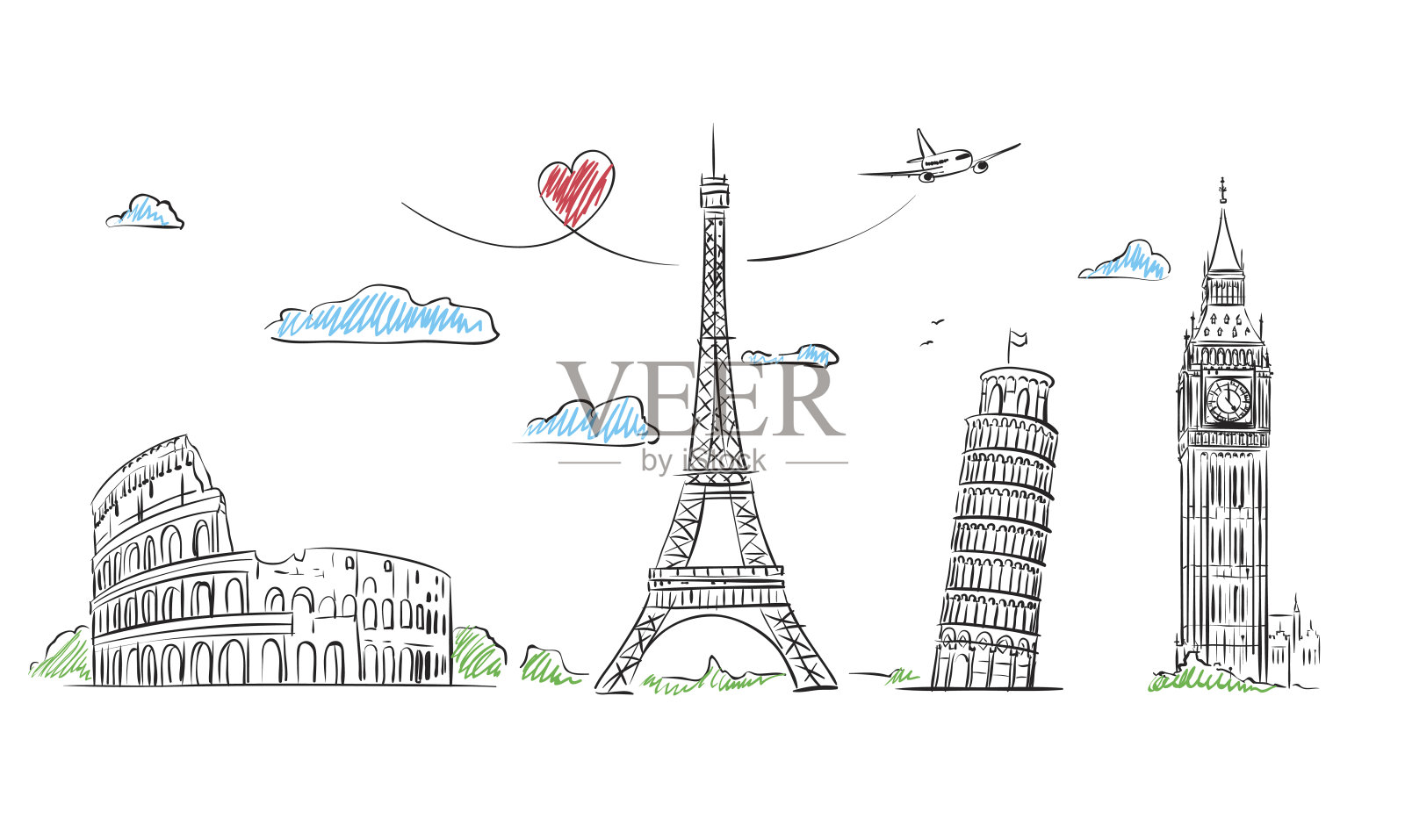 旅行欧洲符号素描。巴黎，罗马，伦敦，比萨插画图片素材