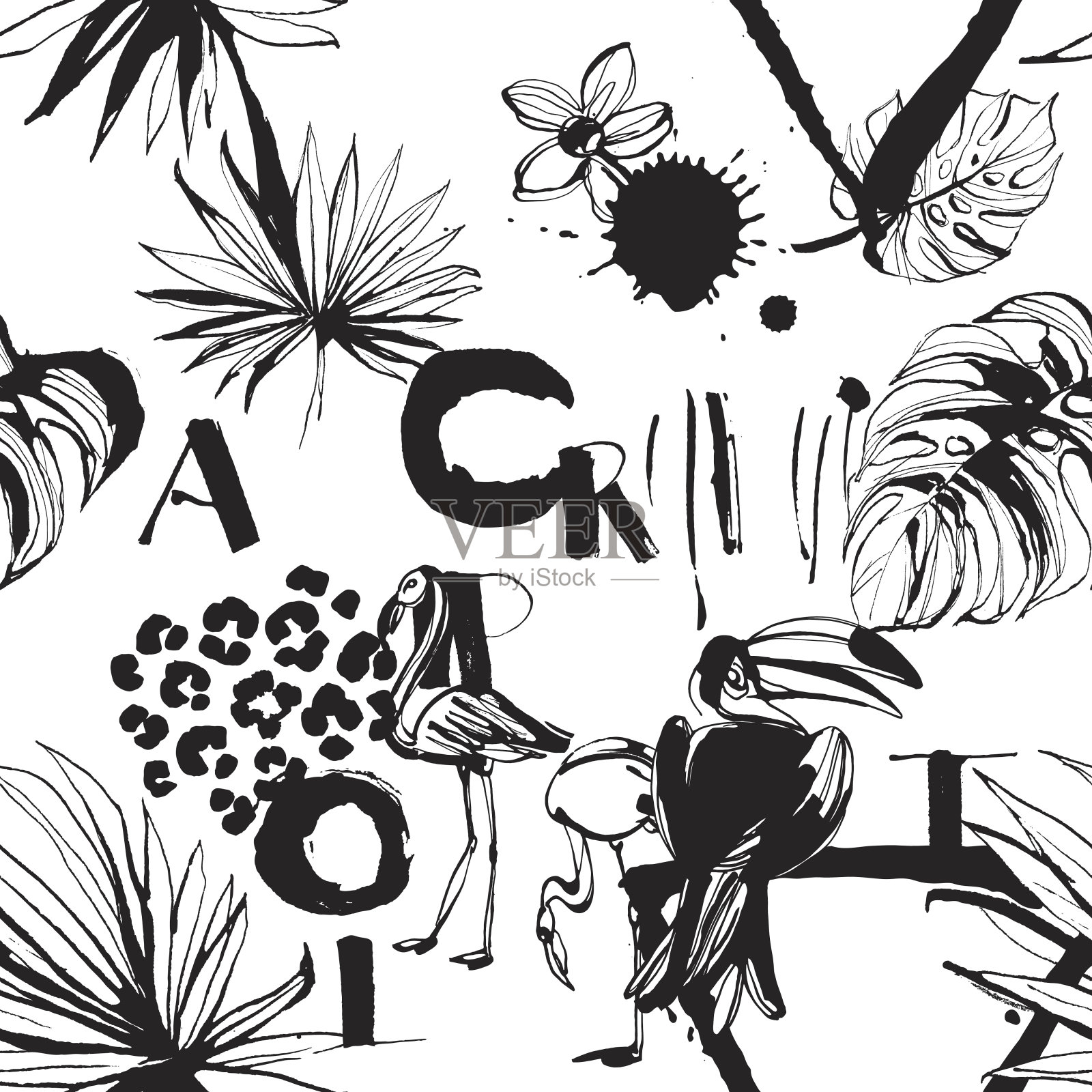 无缝模式的热带鸟类，棕榈树，花和字母。设计元素图片