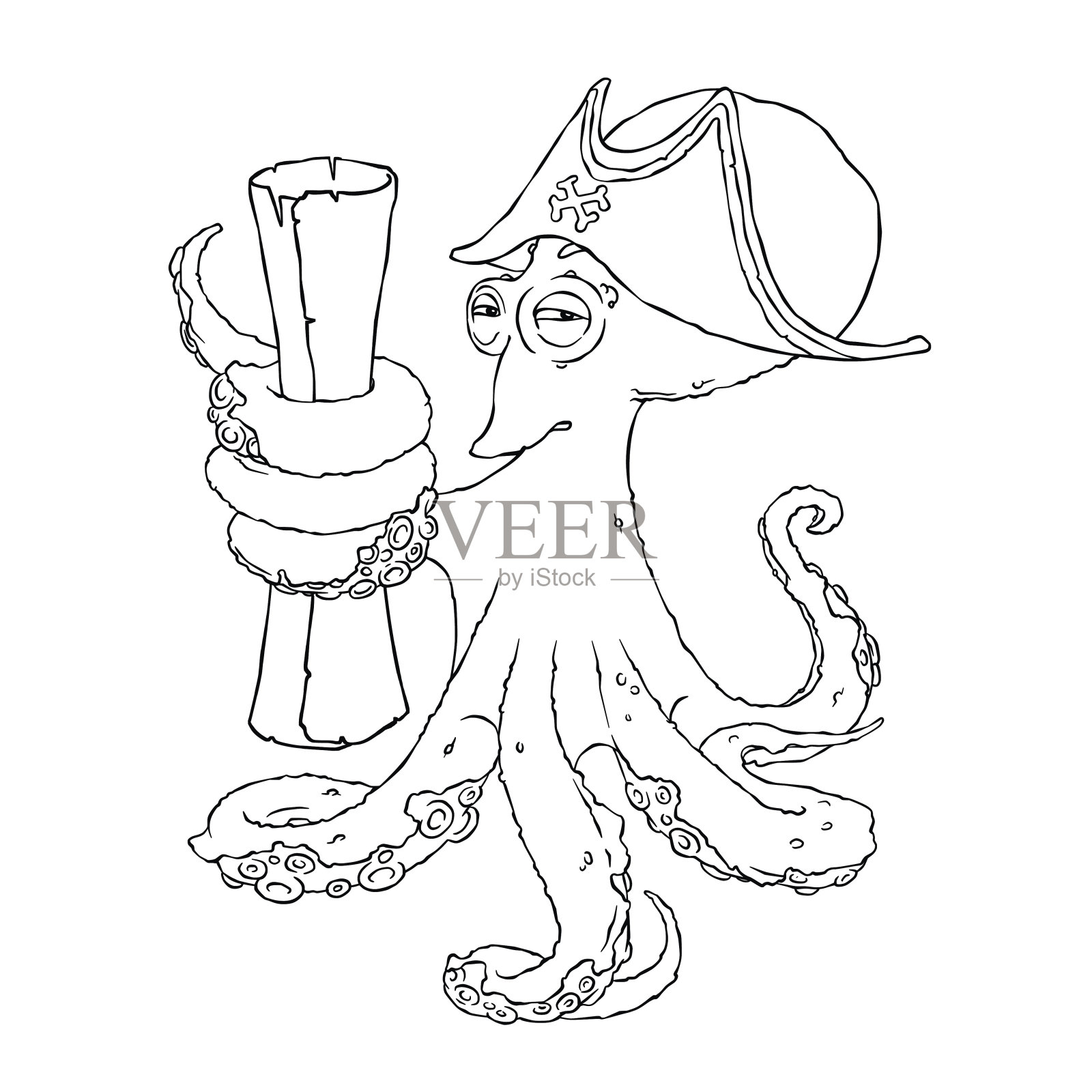 狡猾的章鱼海盗戴着三角帽，拿着纸卷轴插画图片素材