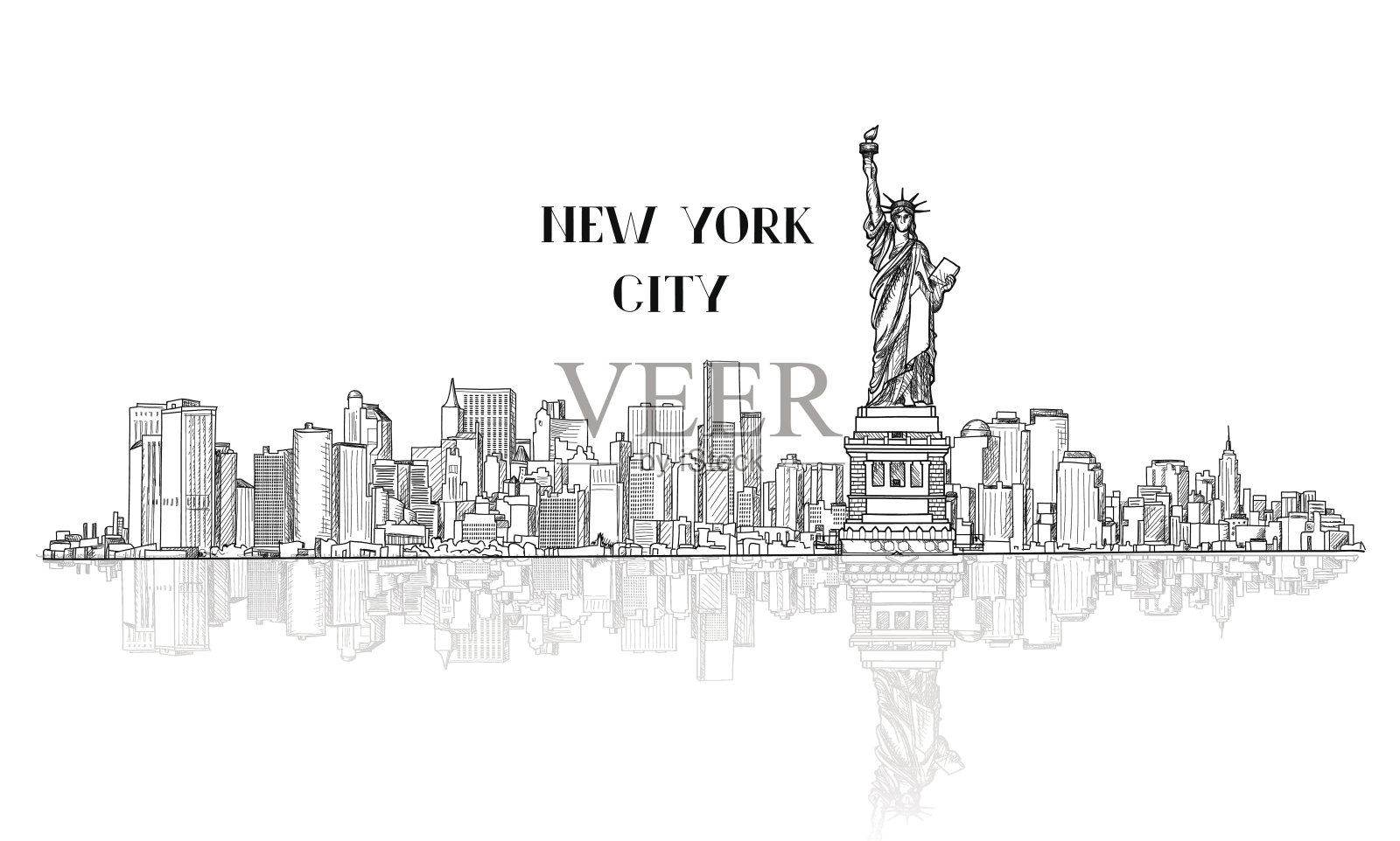 美国纽约的天际线和自由纪念碑的城市剪影。插画图片素材