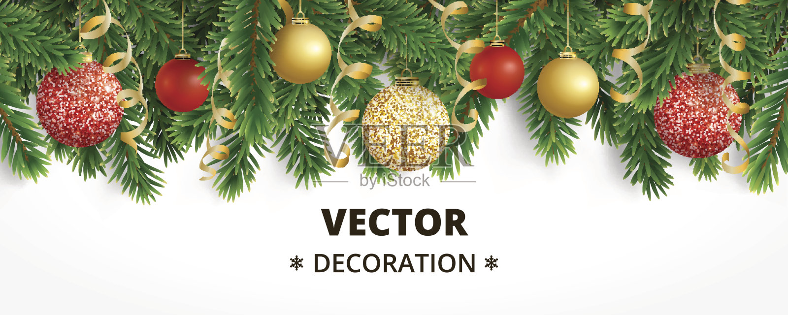 水平圣诞横幅与杉树花环，挂球设计模板素材
