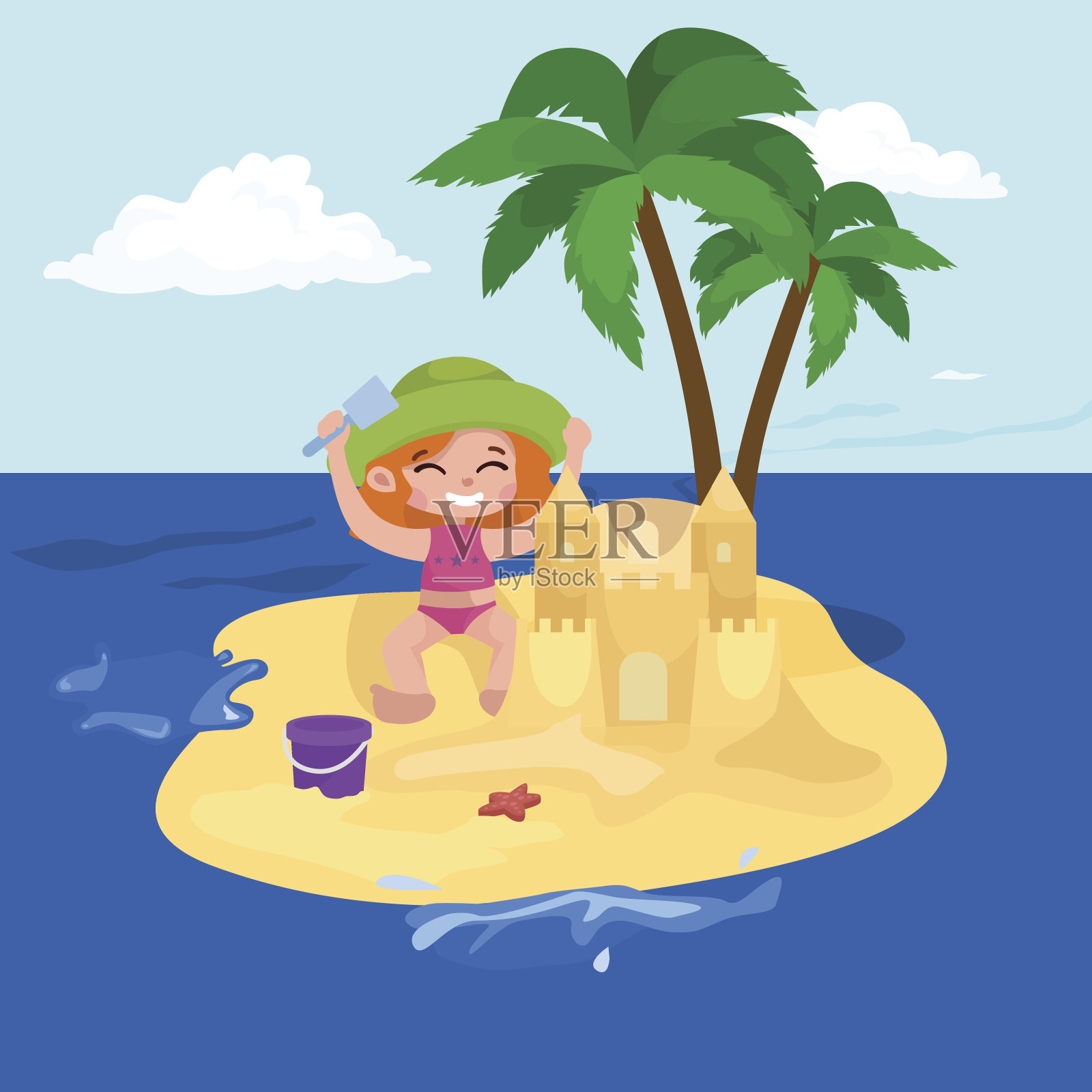 夏天的孩子。孩子们在沙滩上玩沙子插画图片素材