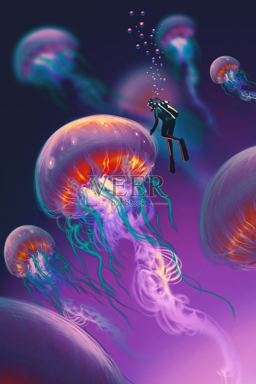 大水母和潜水员在幻想水下插画图片素材