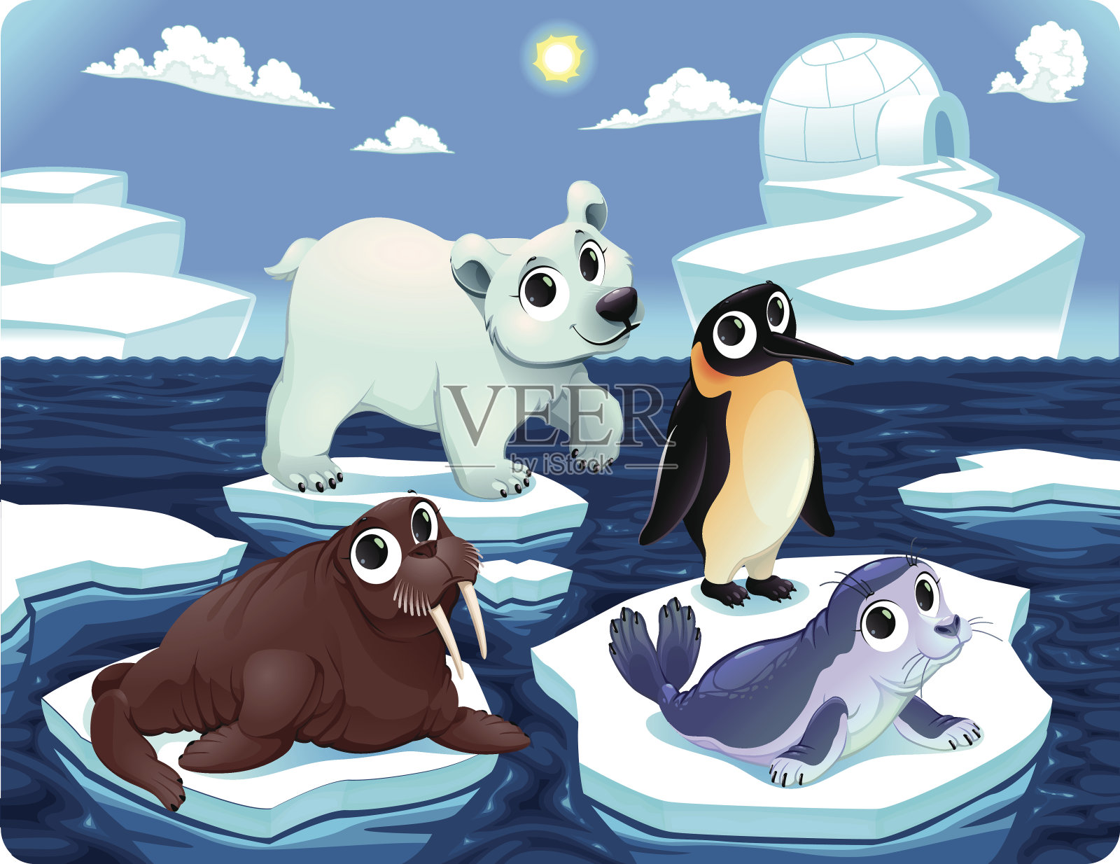 极地动物在冰上插画图片素材
