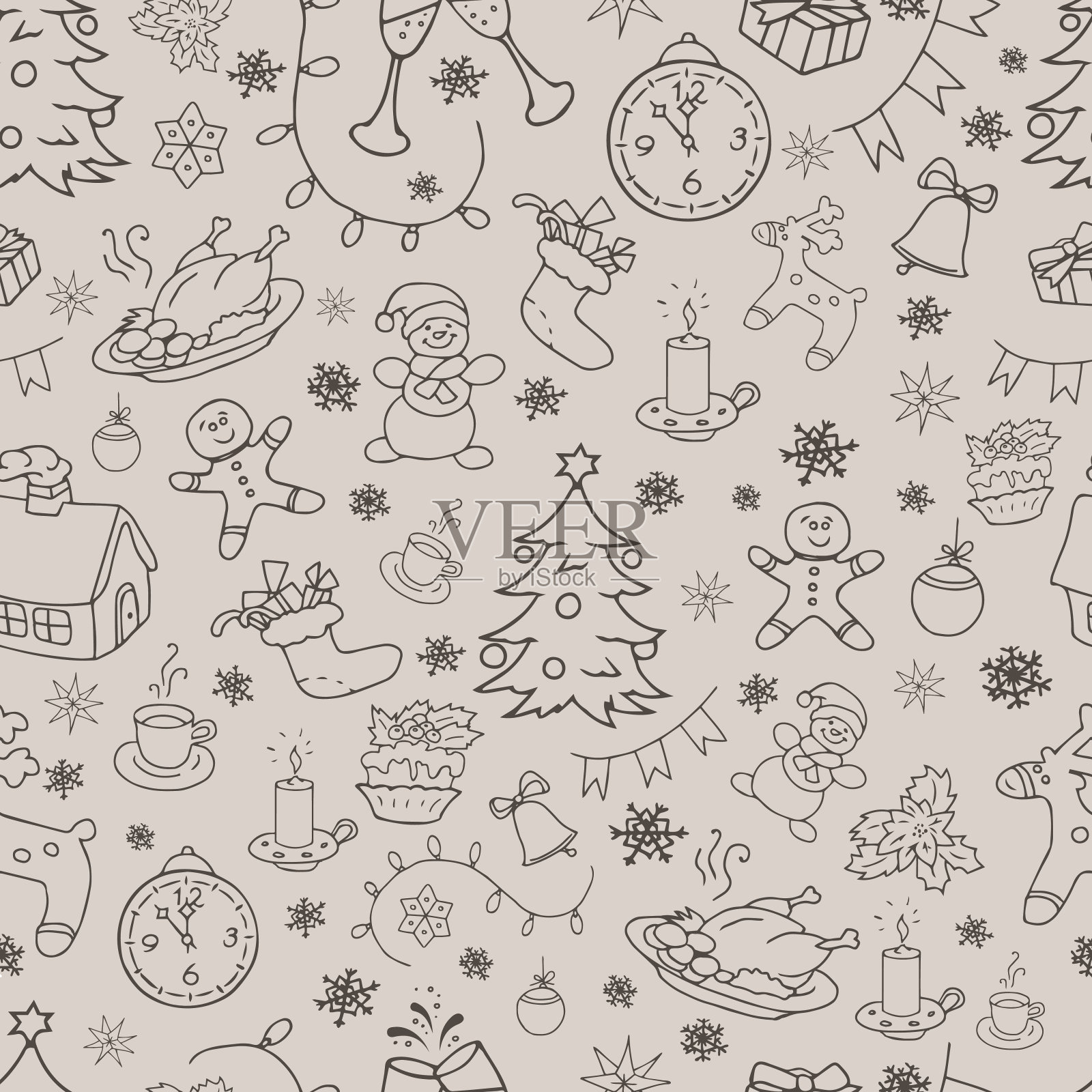 无缝涂鸦背景，圣诞，新年，寒假图案。插画图片素材