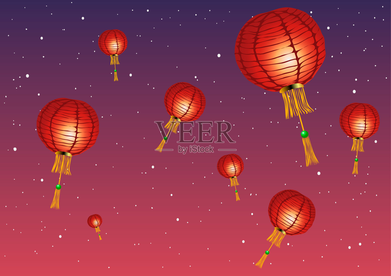 中国灯笼映衬着日落和星星。插画图片素材