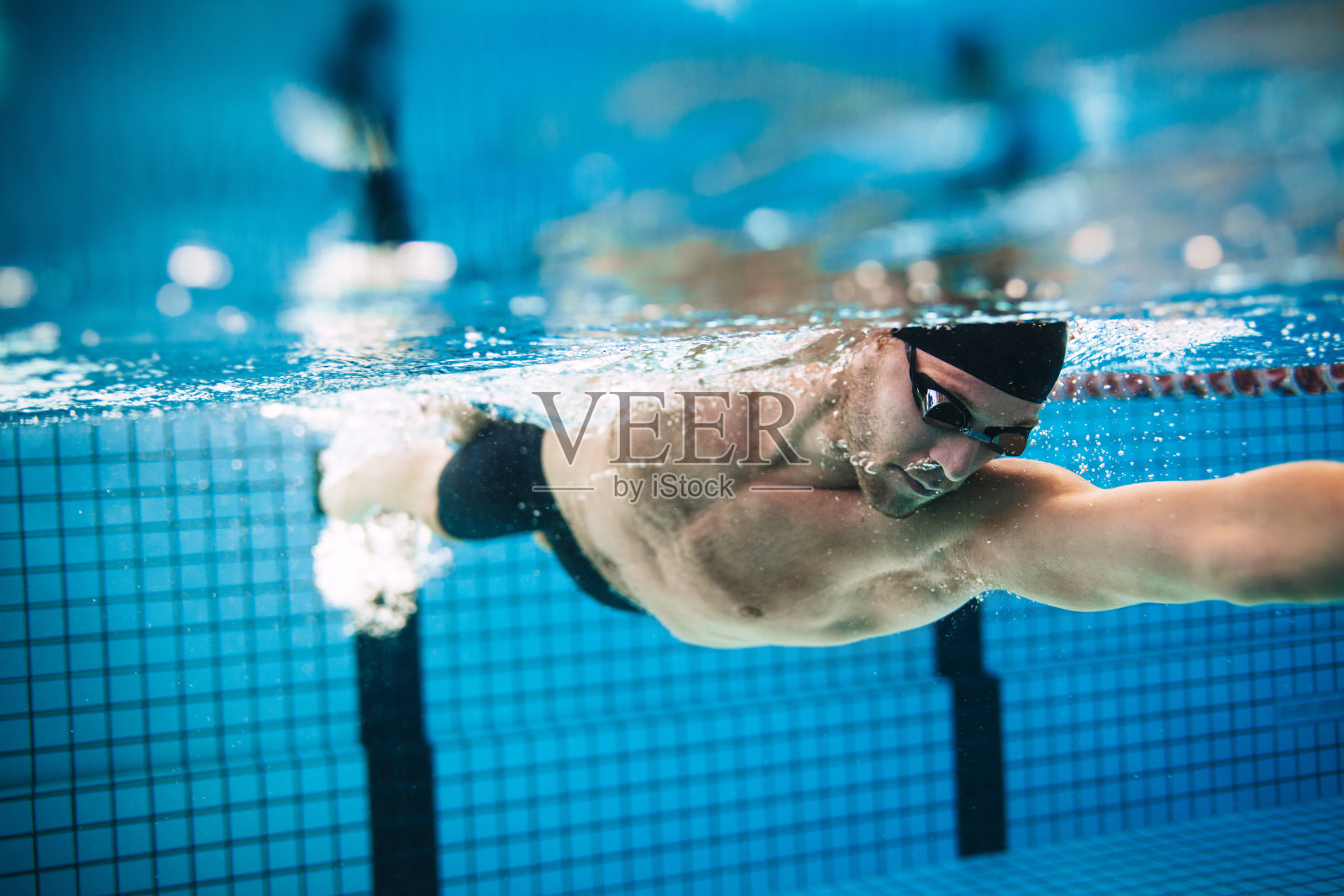 在游泳池中游泳的职业男子运动员照片摄影图片