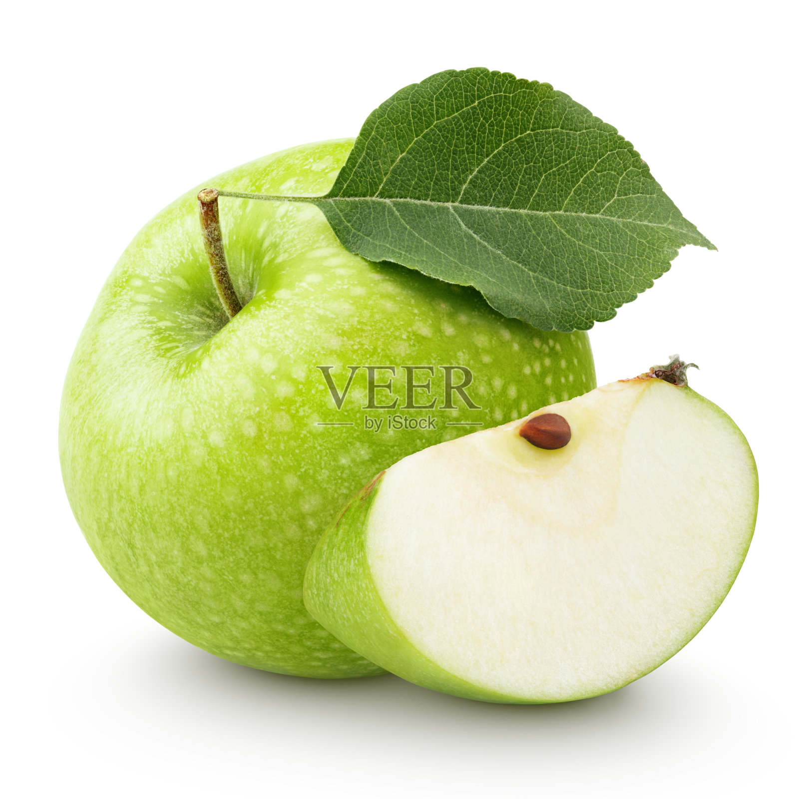 绿色的苹果，叶子和片孤立在一个白色照片摄影图片