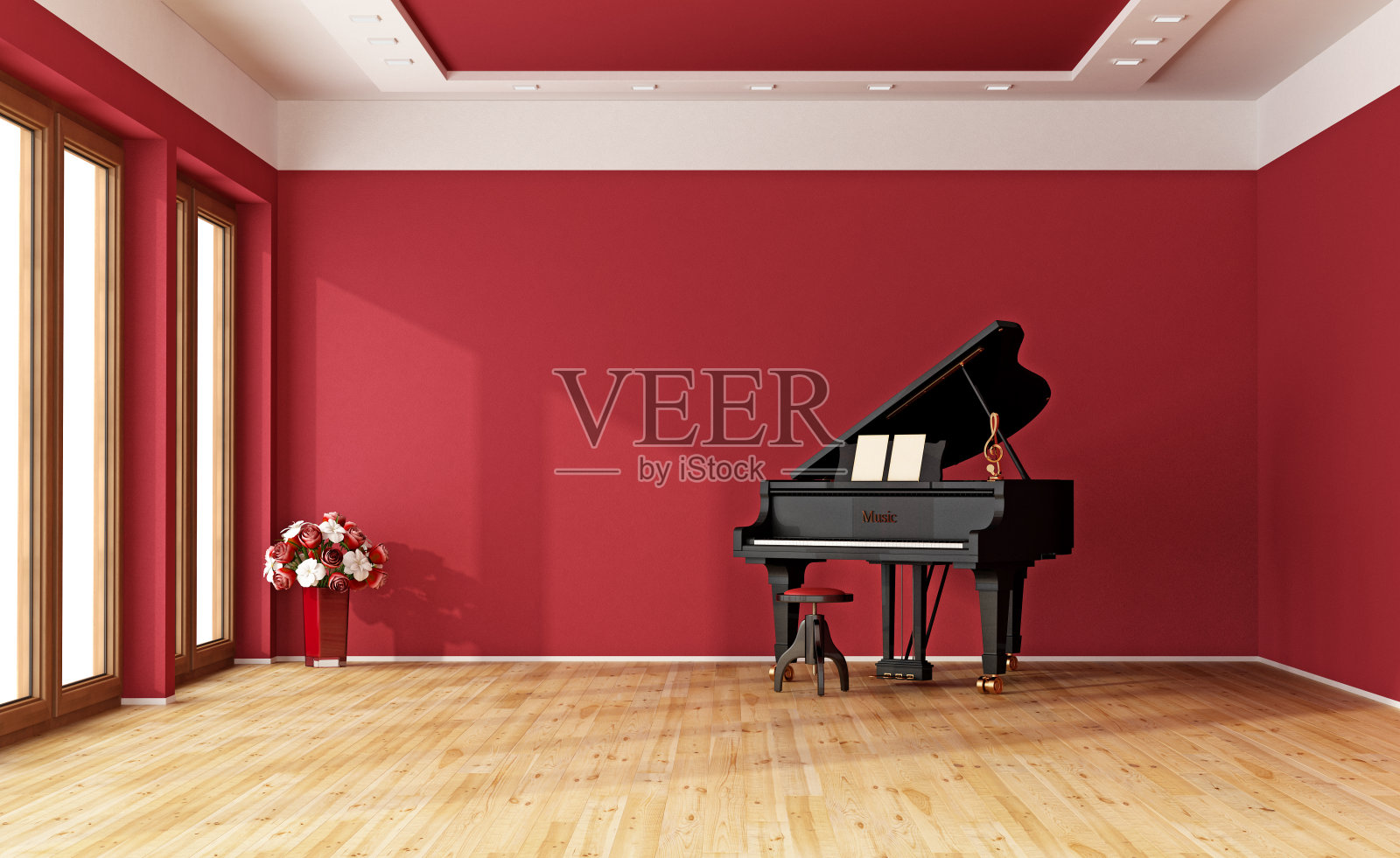 带三角钢琴的红色房间照片摄影图片