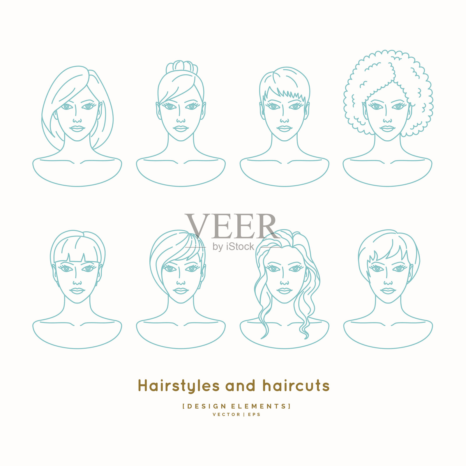一组不同发型的女性面孔插画图片素材