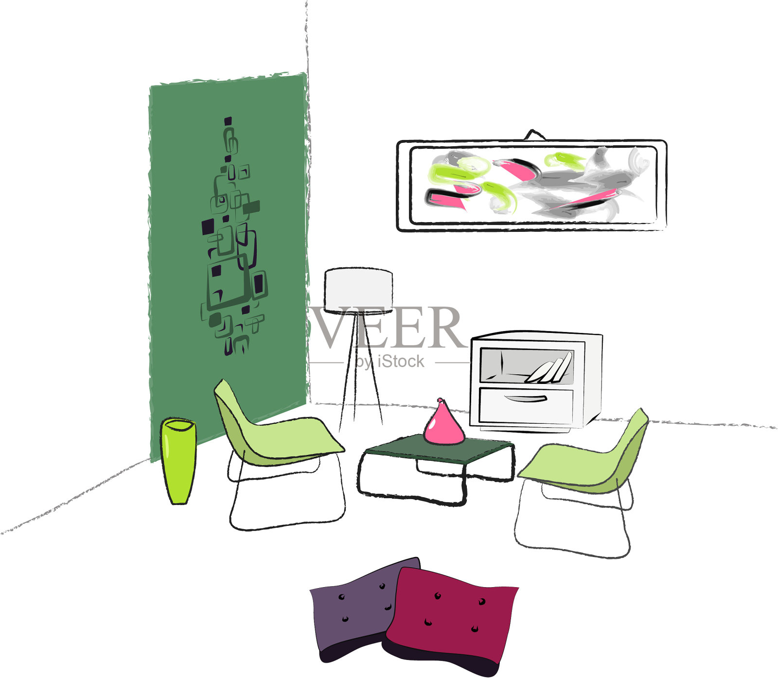 彩色插图的复古客厅室内设计插画图片素材