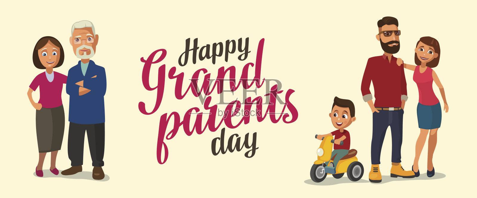 幸福的家庭。父母、祖父母和孩子骑着三轮车。插画图片素材