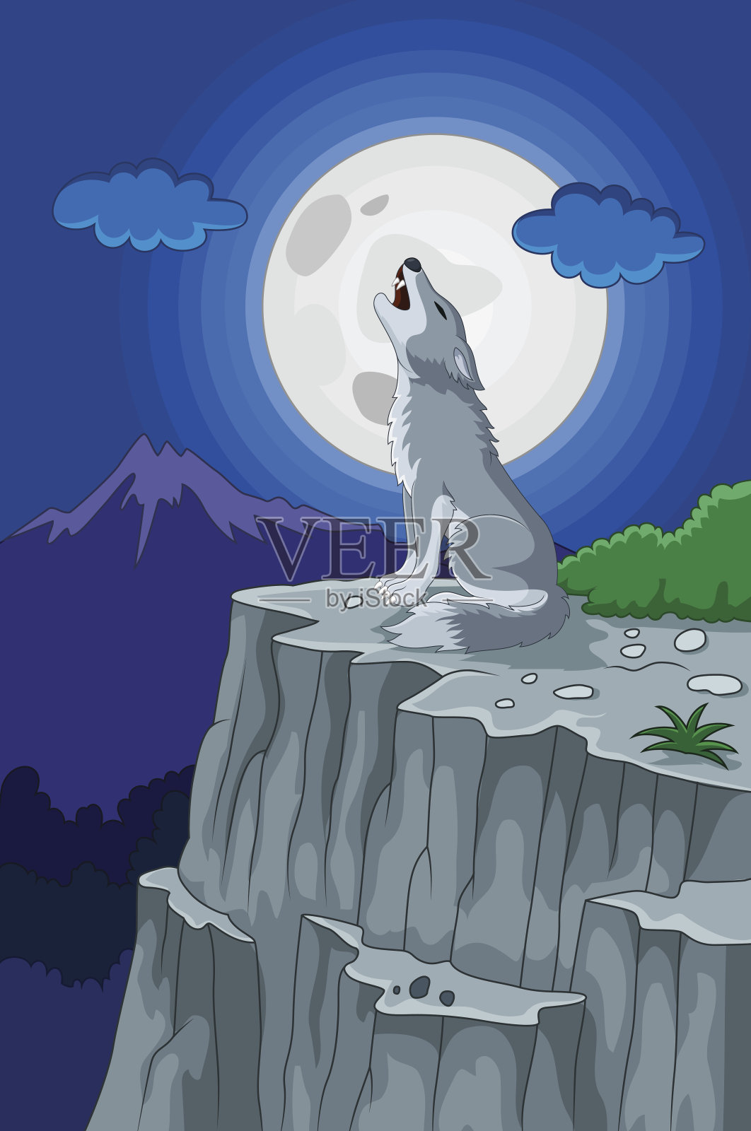狼在满月下嚎叫。矢量图插画图片素材