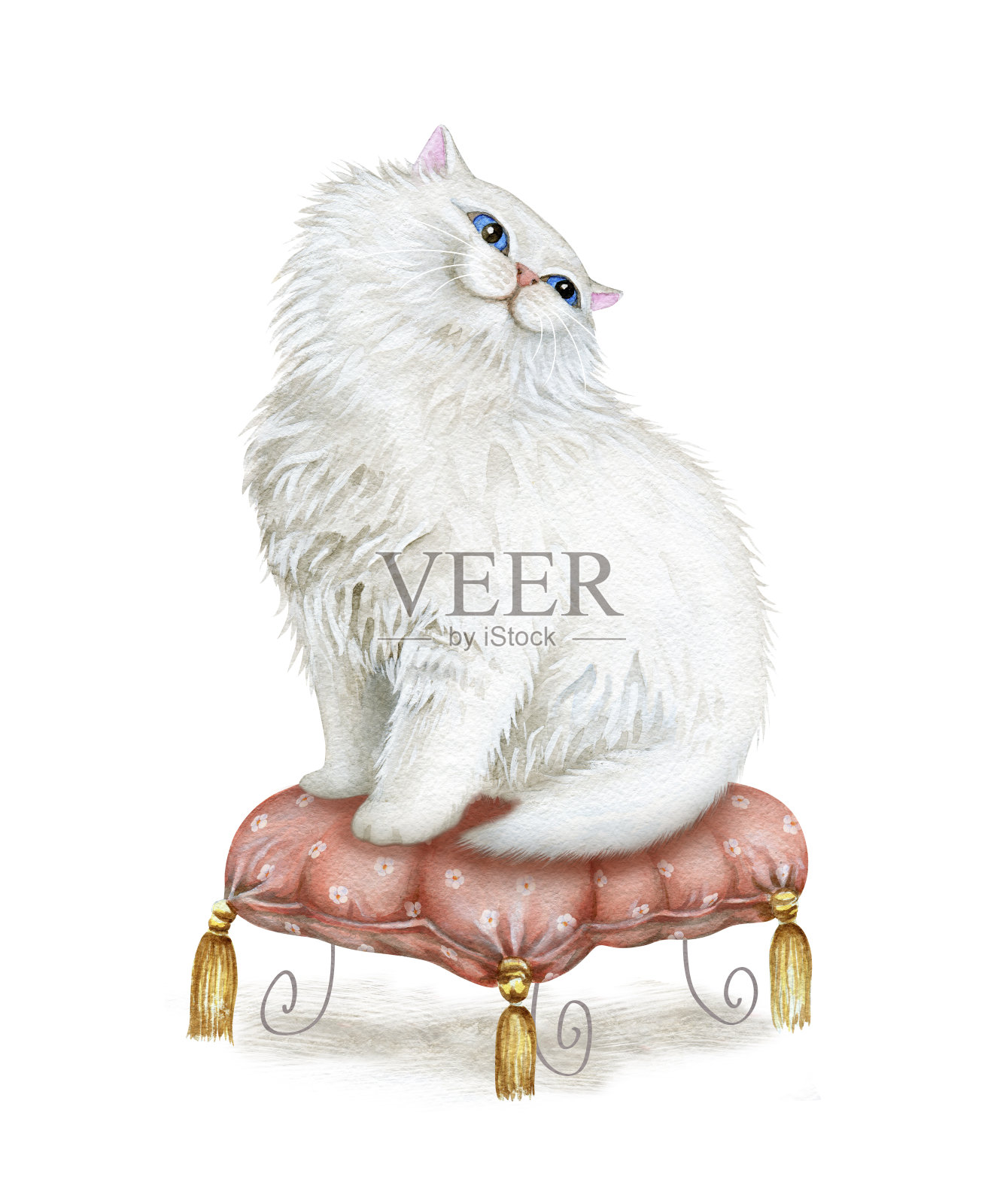 水彩画可爱的白色小猫插画图片素材