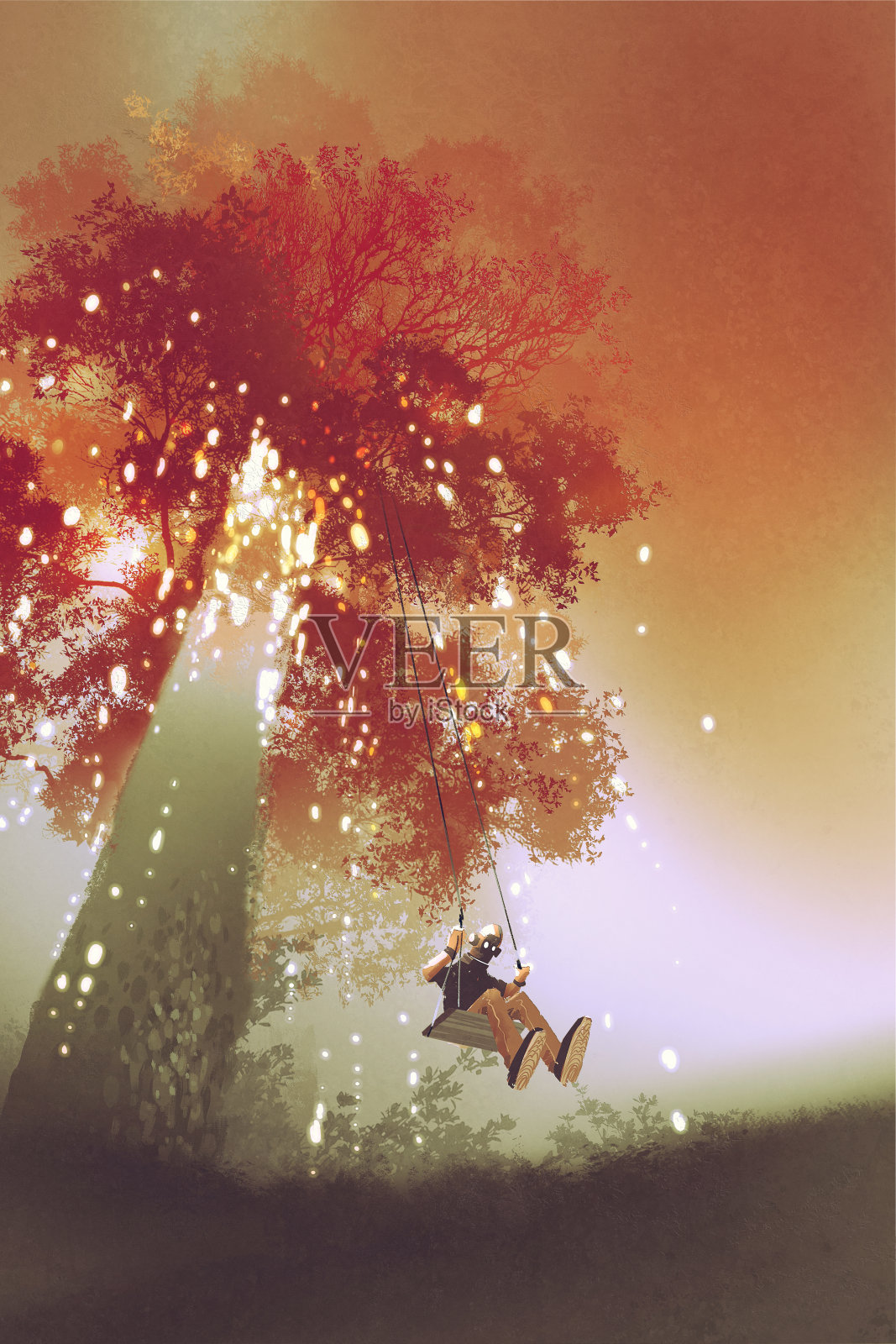 机器人在幻想秋天的树下摇摆秋千插画图片素材
