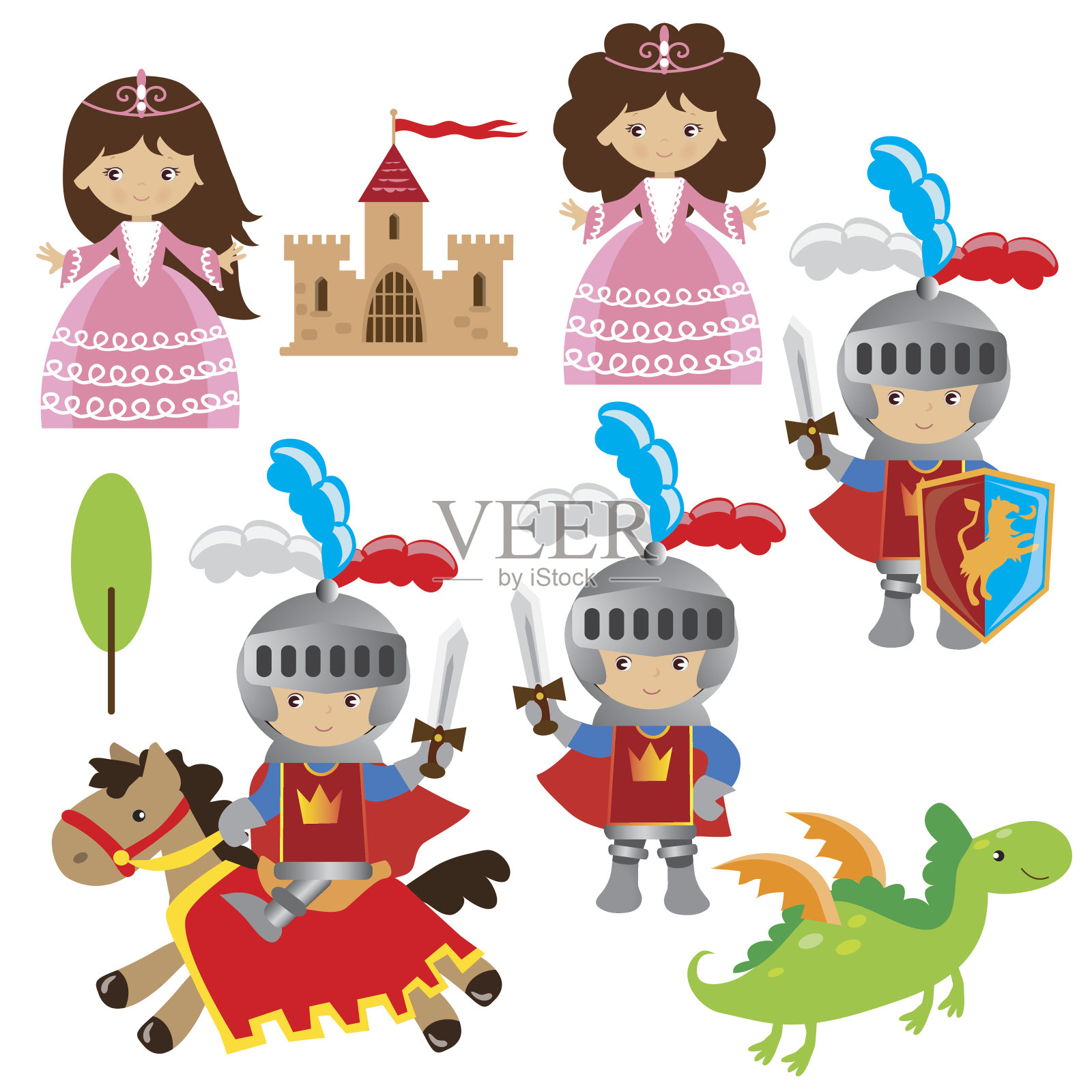 骑士，公主和龙矢量插图插画图片素材