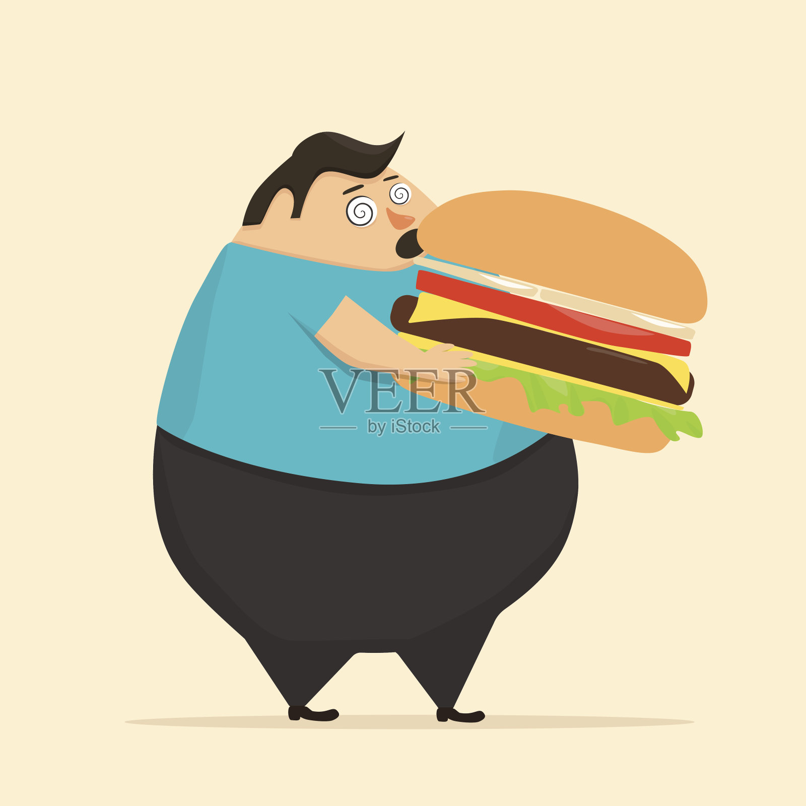 胖子在催眠状态下吃汉堡插画图片素材