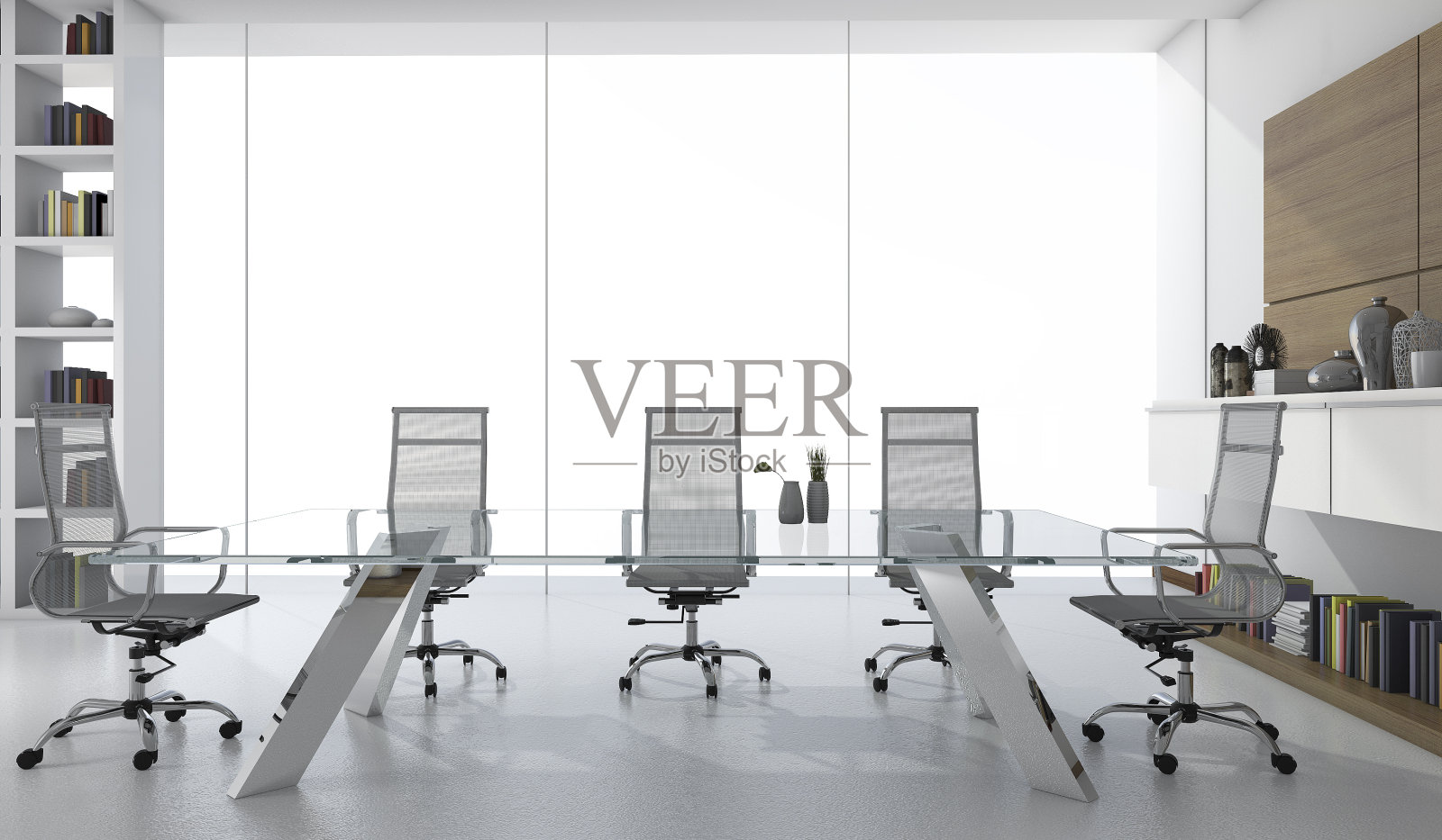 3d渲染白色商务会议室，窗户透光照片摄影图片